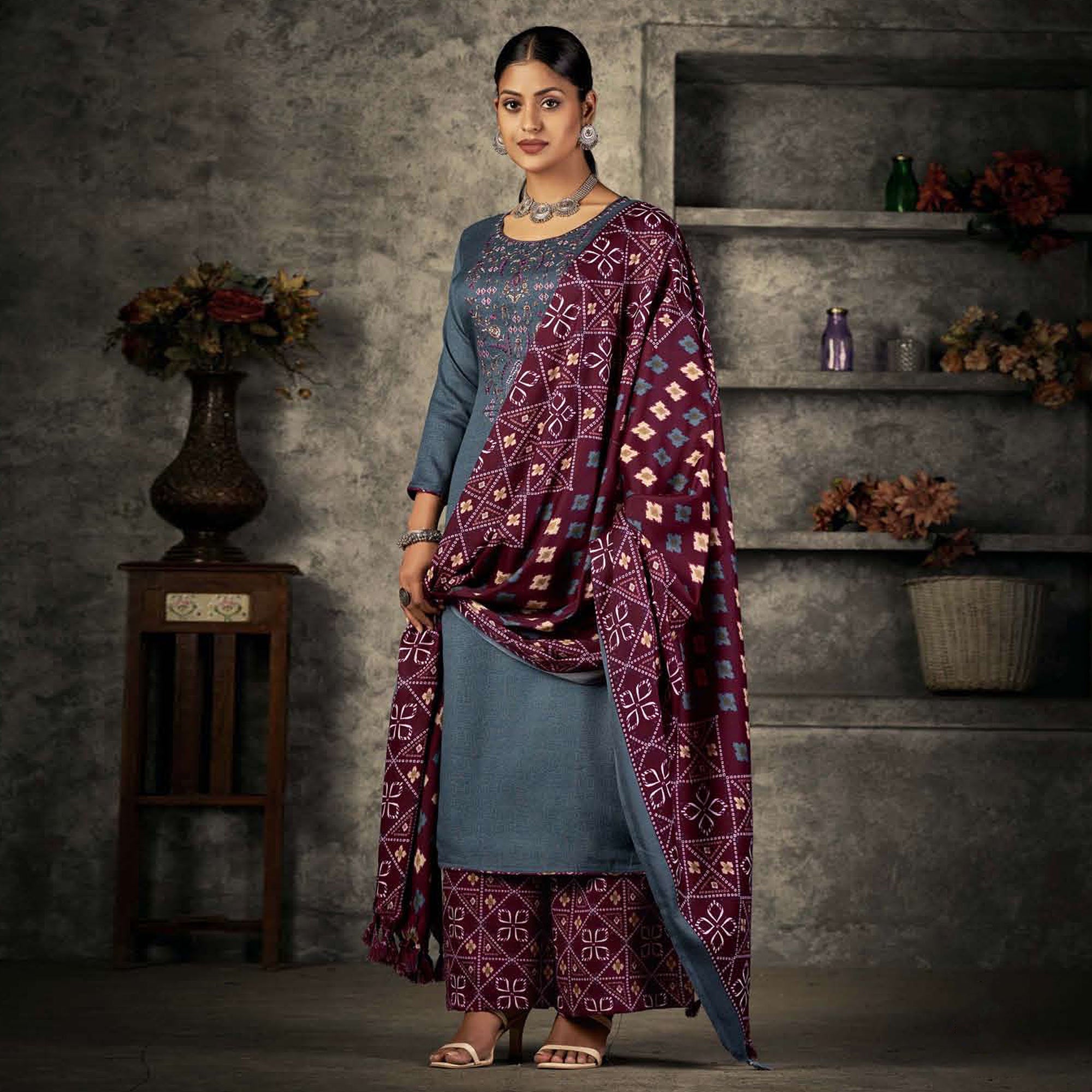 Grey Floral Embroidered With Printed Pashmina Salwar Suit