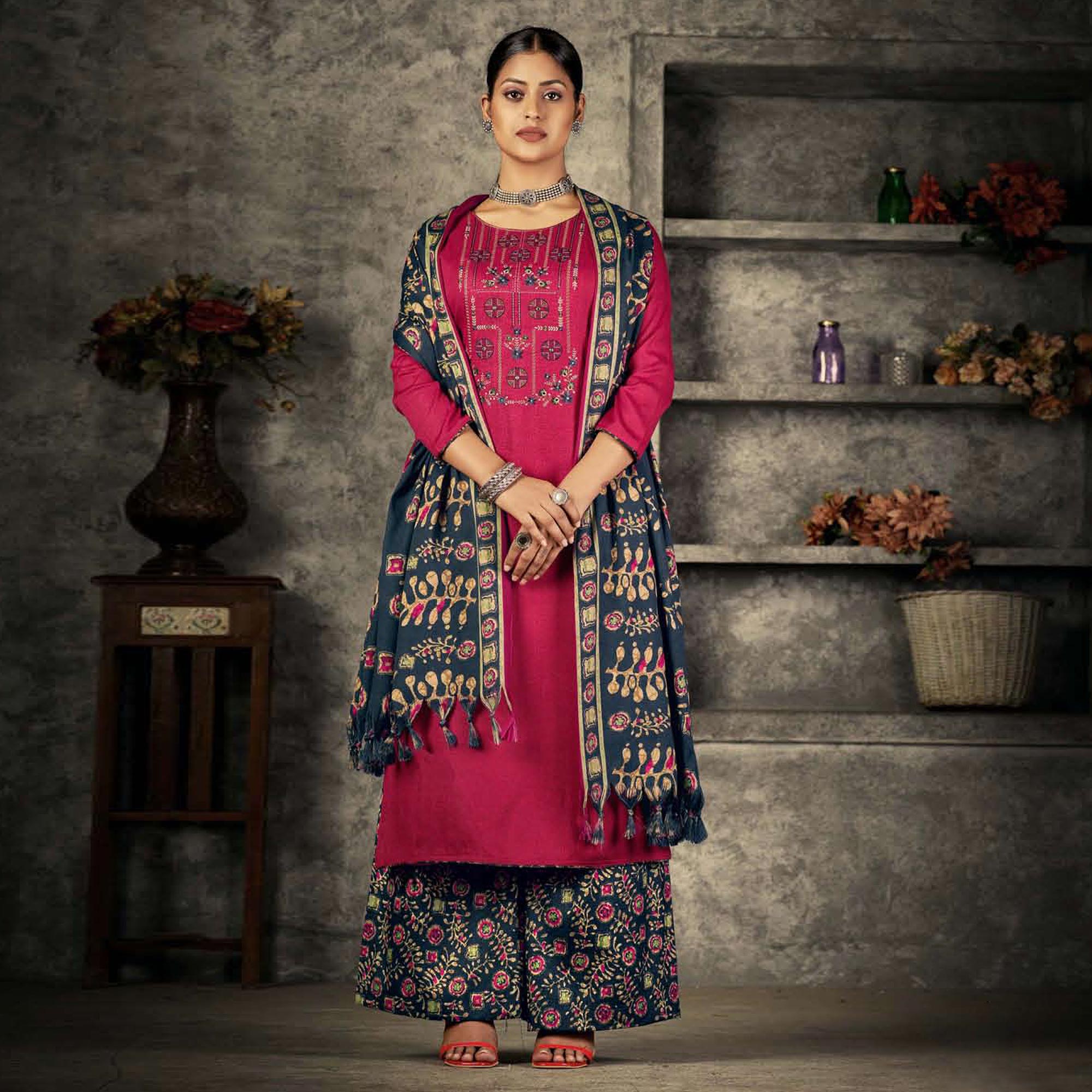 Rani Pink Floral Embroidered With Printed Pashmina Salwar Suit