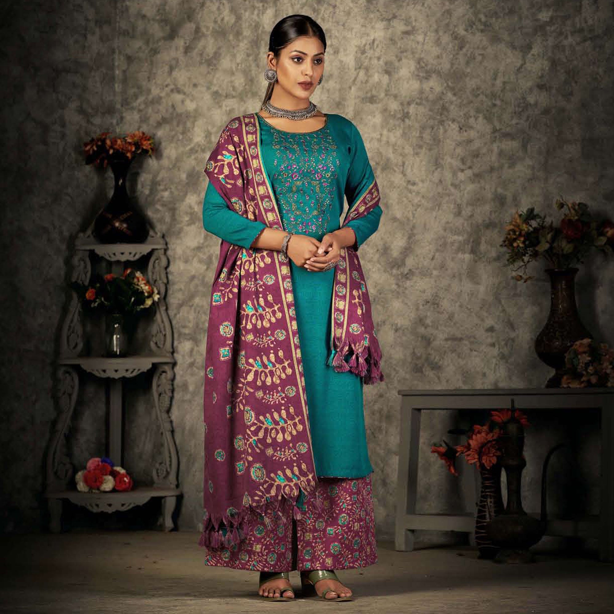 Rama Blue Floral Embroidered With Printed Pashmina Salwar Suit