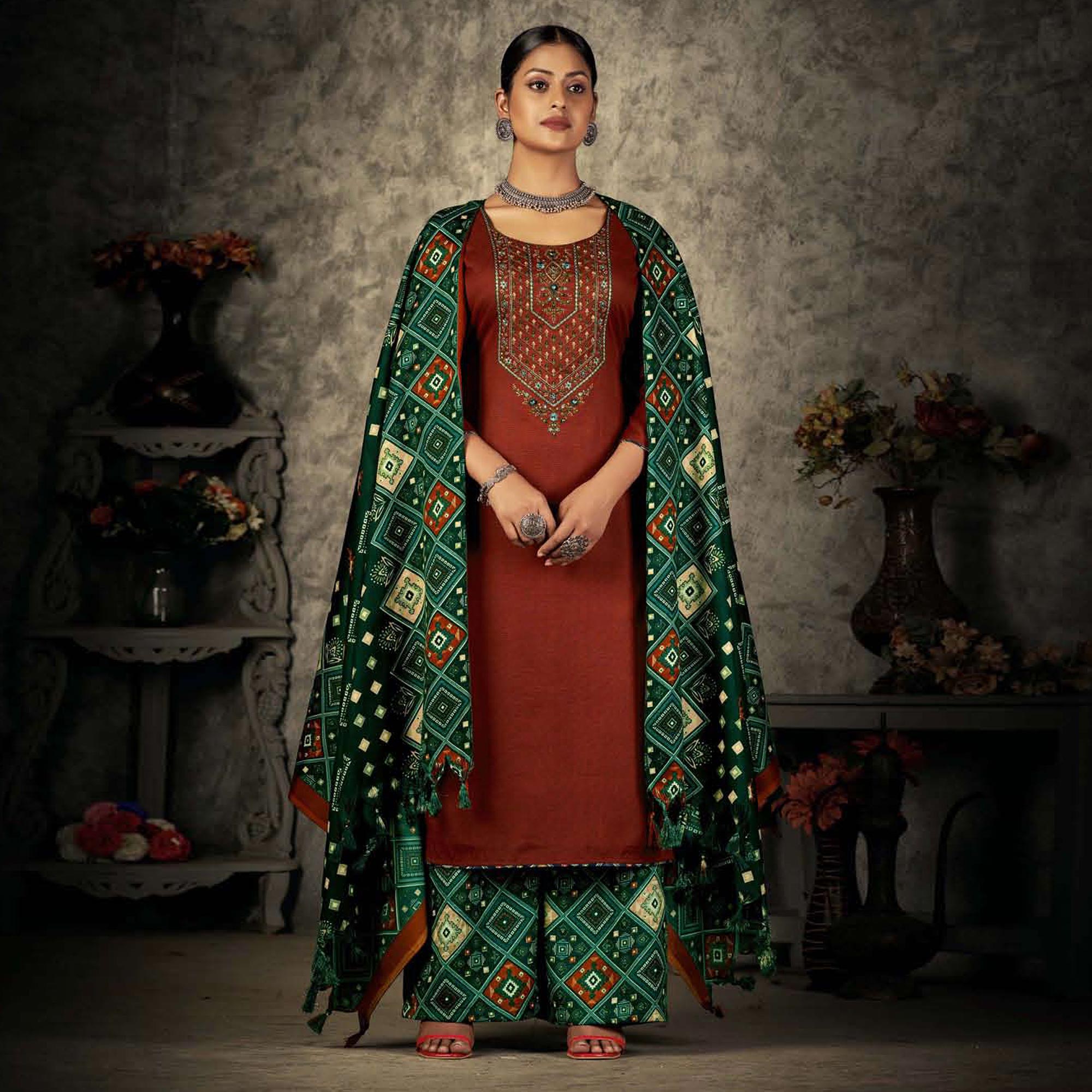 Rust Floral Embroidered With Printed Pashmina Salwar Suit