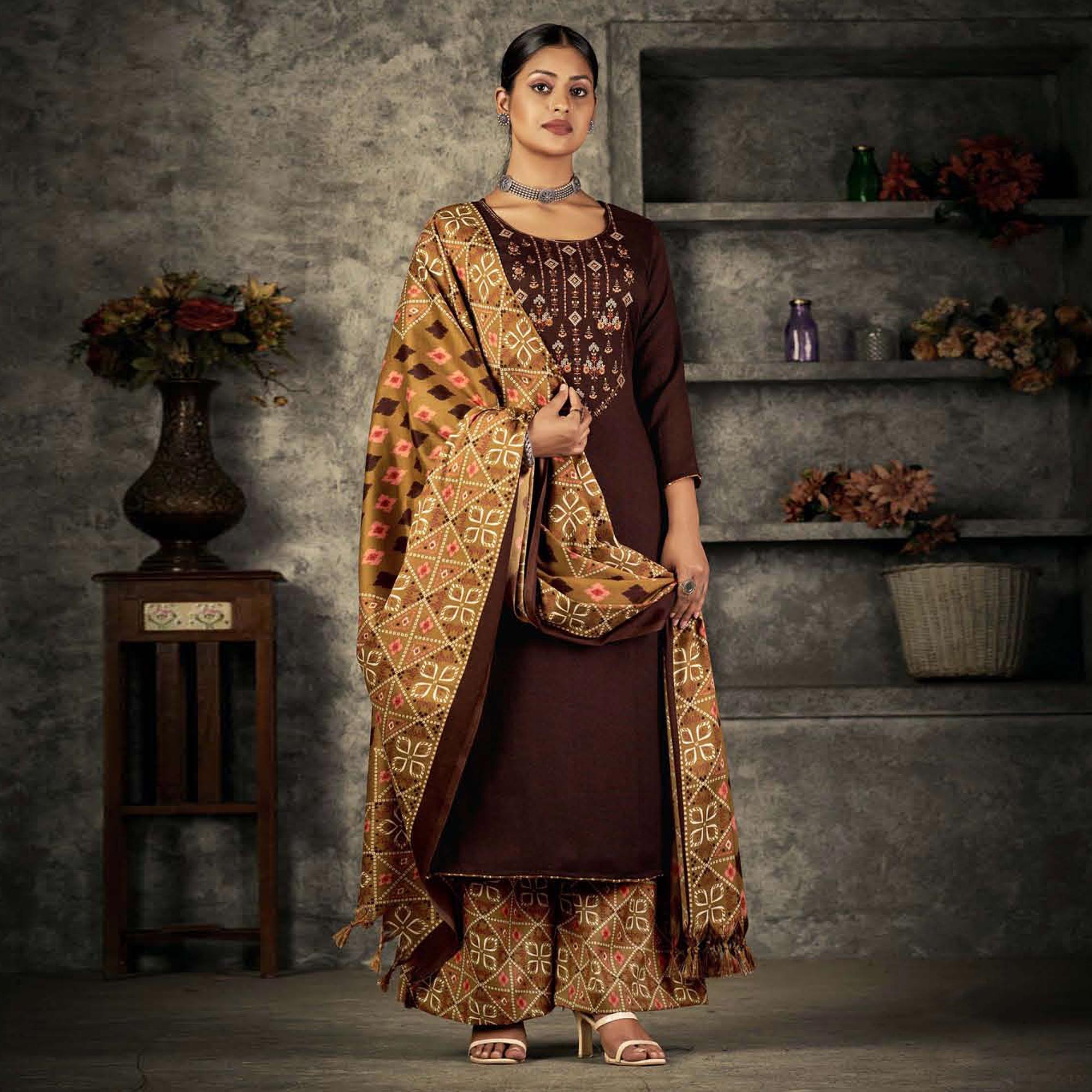 Brown Floral Embroidered With Printed Pashmina Salwar Suit