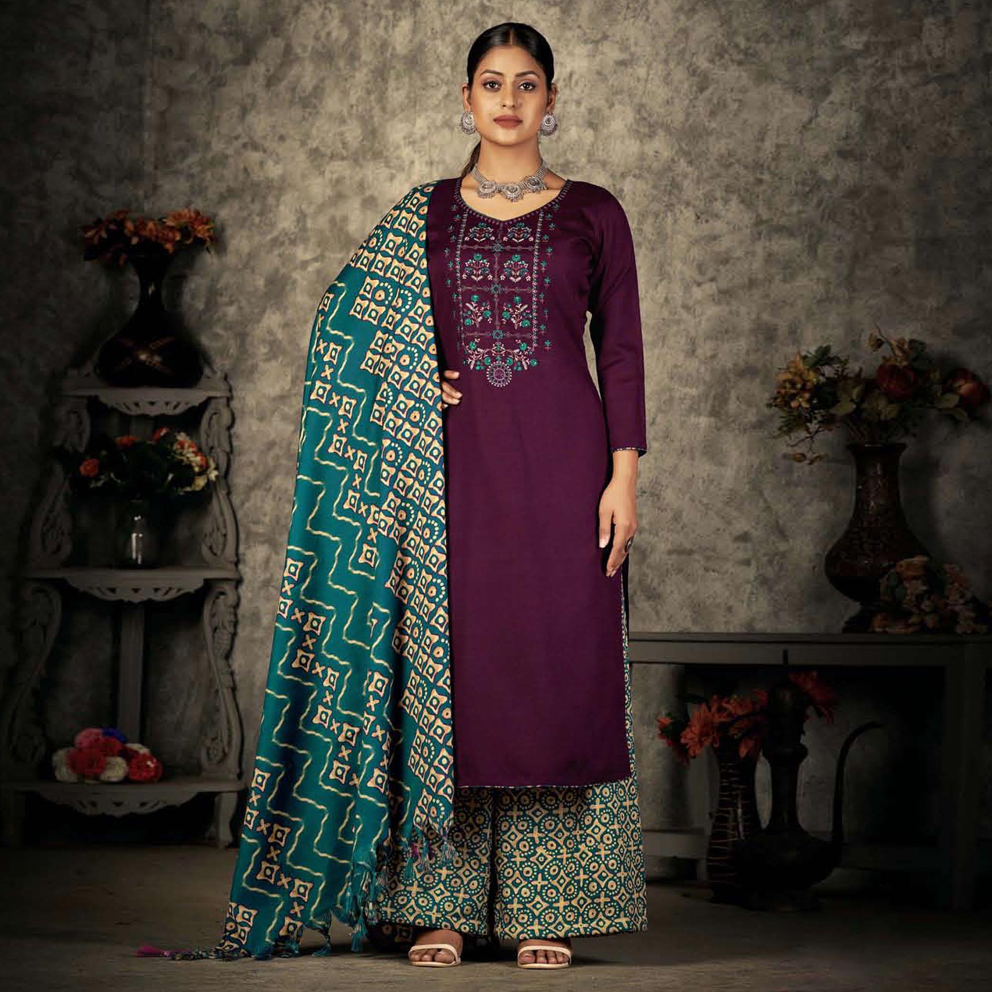 Wine Floral Embroidered With Printed Pashmina Salwar Suit