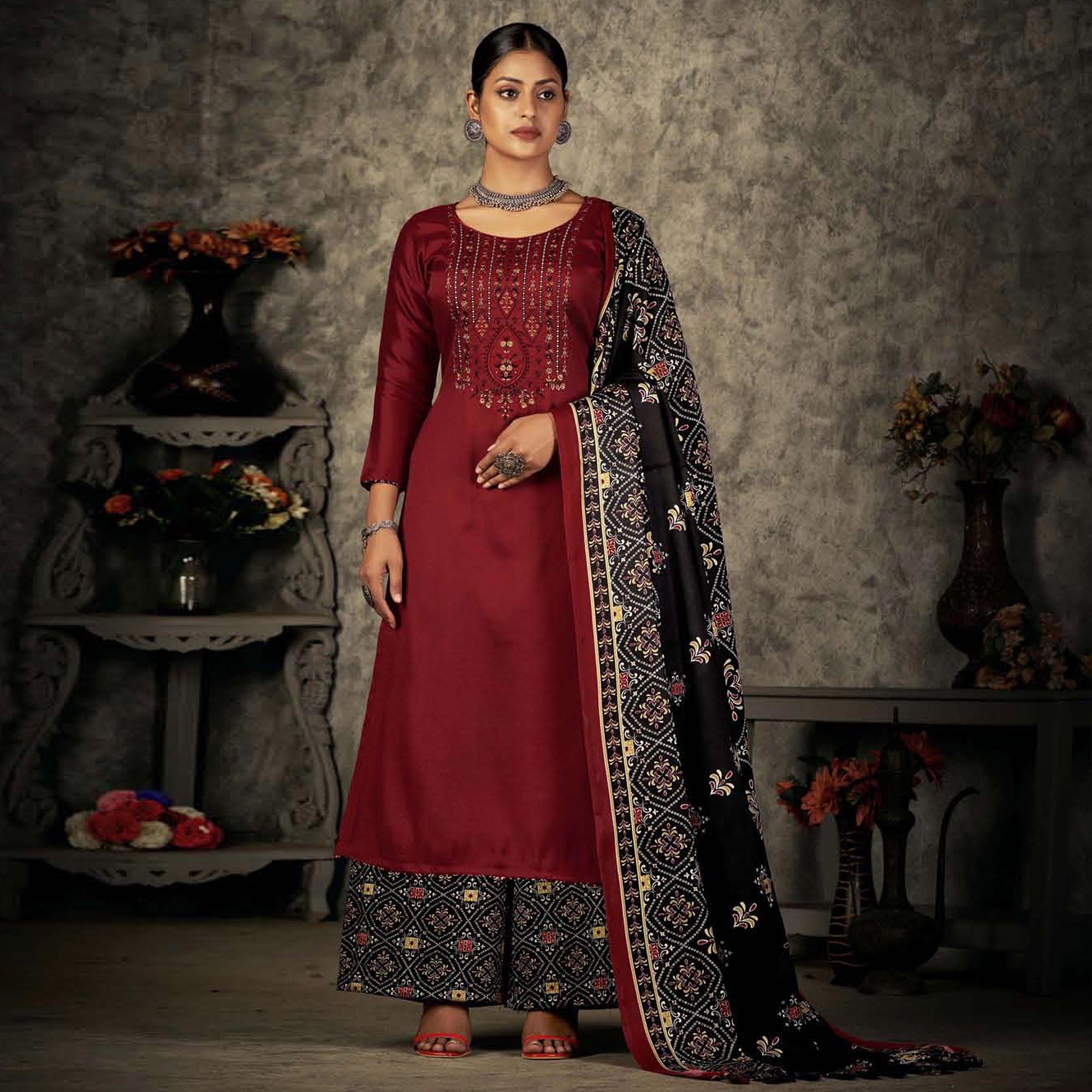 Maroon Floral Embroidered With Printed Pashmina Salwar Suit
