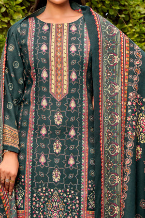 Elegant Teal Green Floral Printed Pure Pashmina Dress Material for Winter Wear