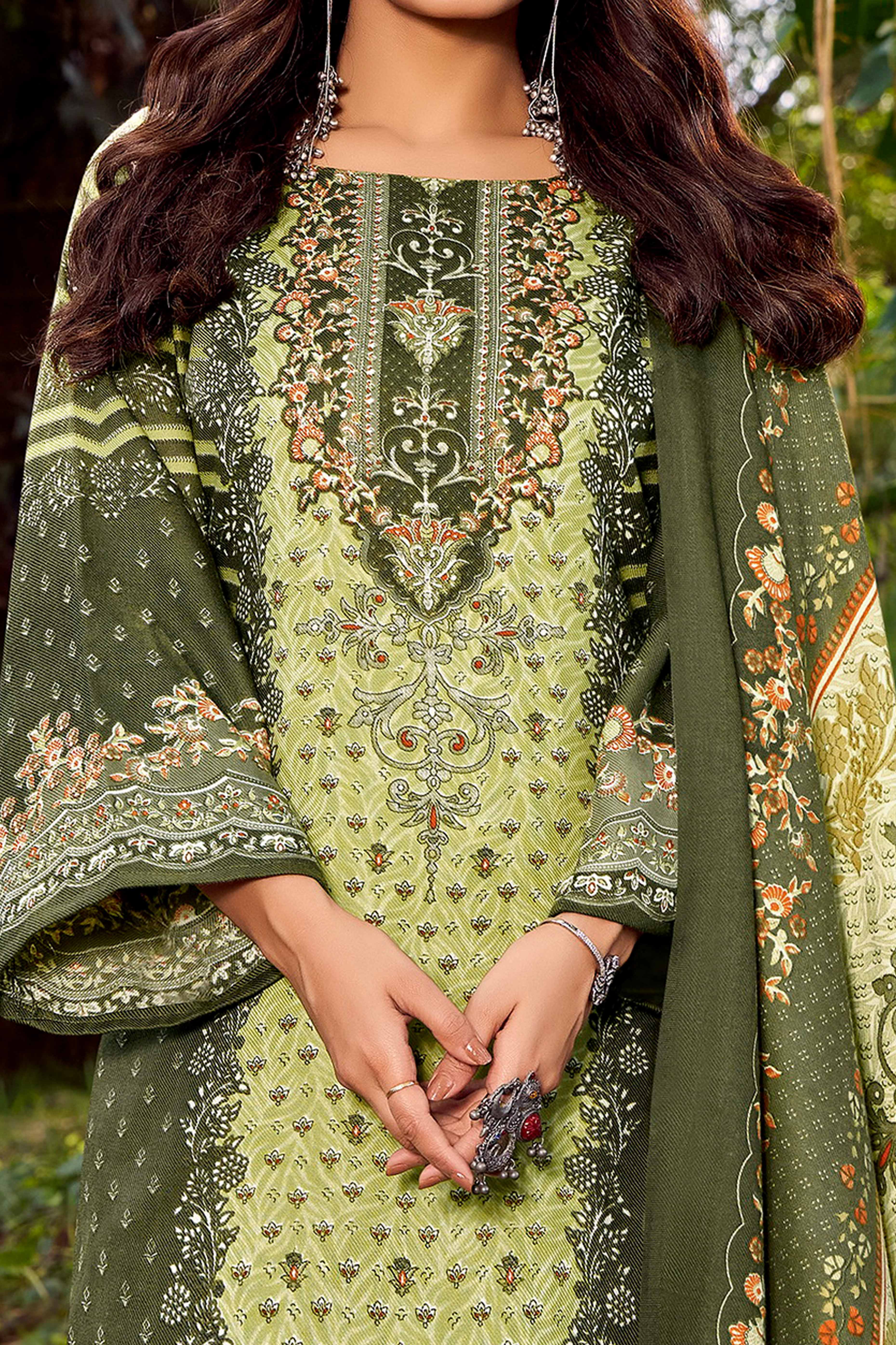 Elegant Olive Green Floral Printed Pure Pashmina Dress Material for Winter Wear