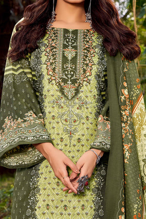 Elegant Olive Green Floral Printed Pure Pashmina Dress Material for Winter Wear