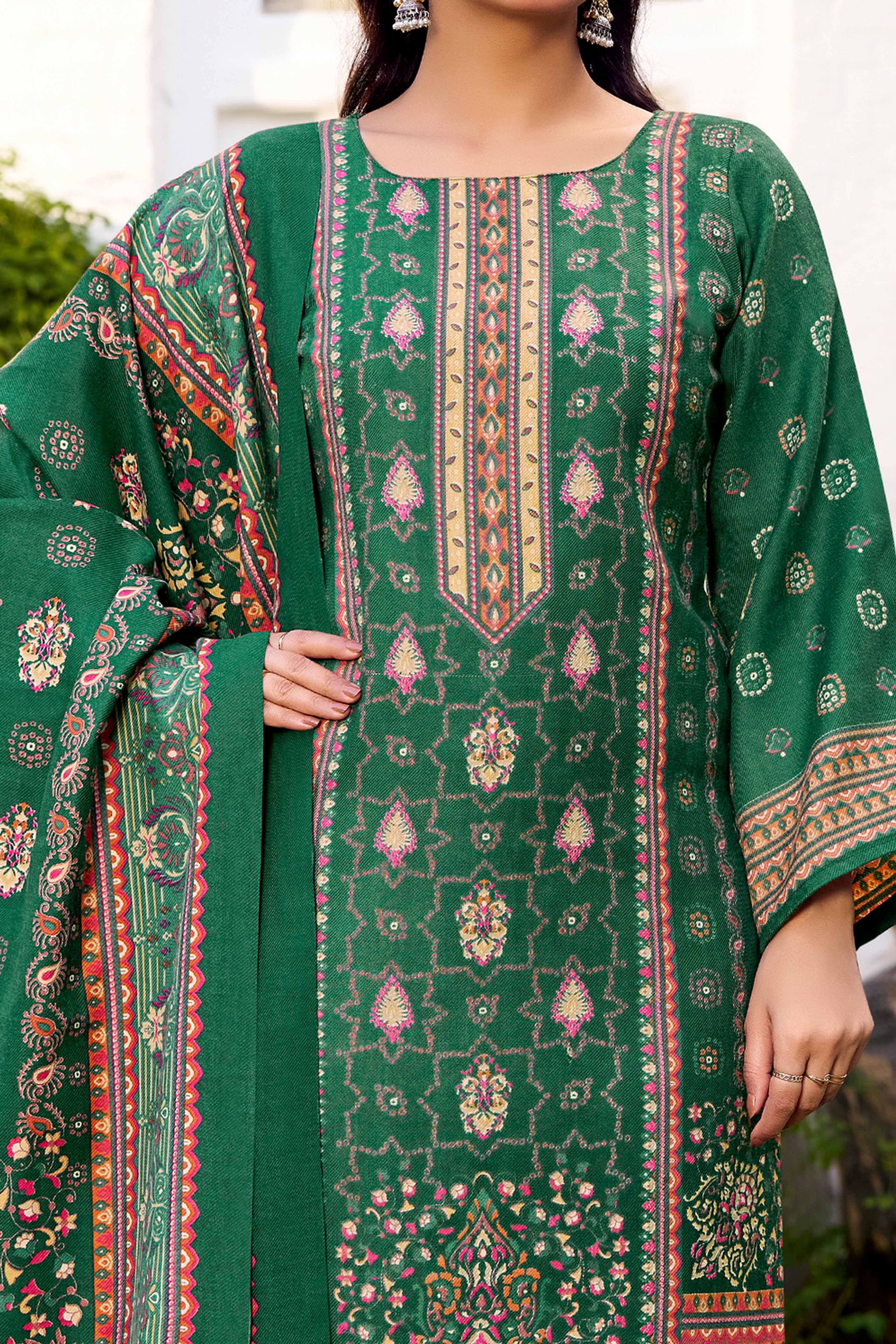 Elegant Emerald Green Floral Printed Pure Pashmina Dress Material for Winter Wear