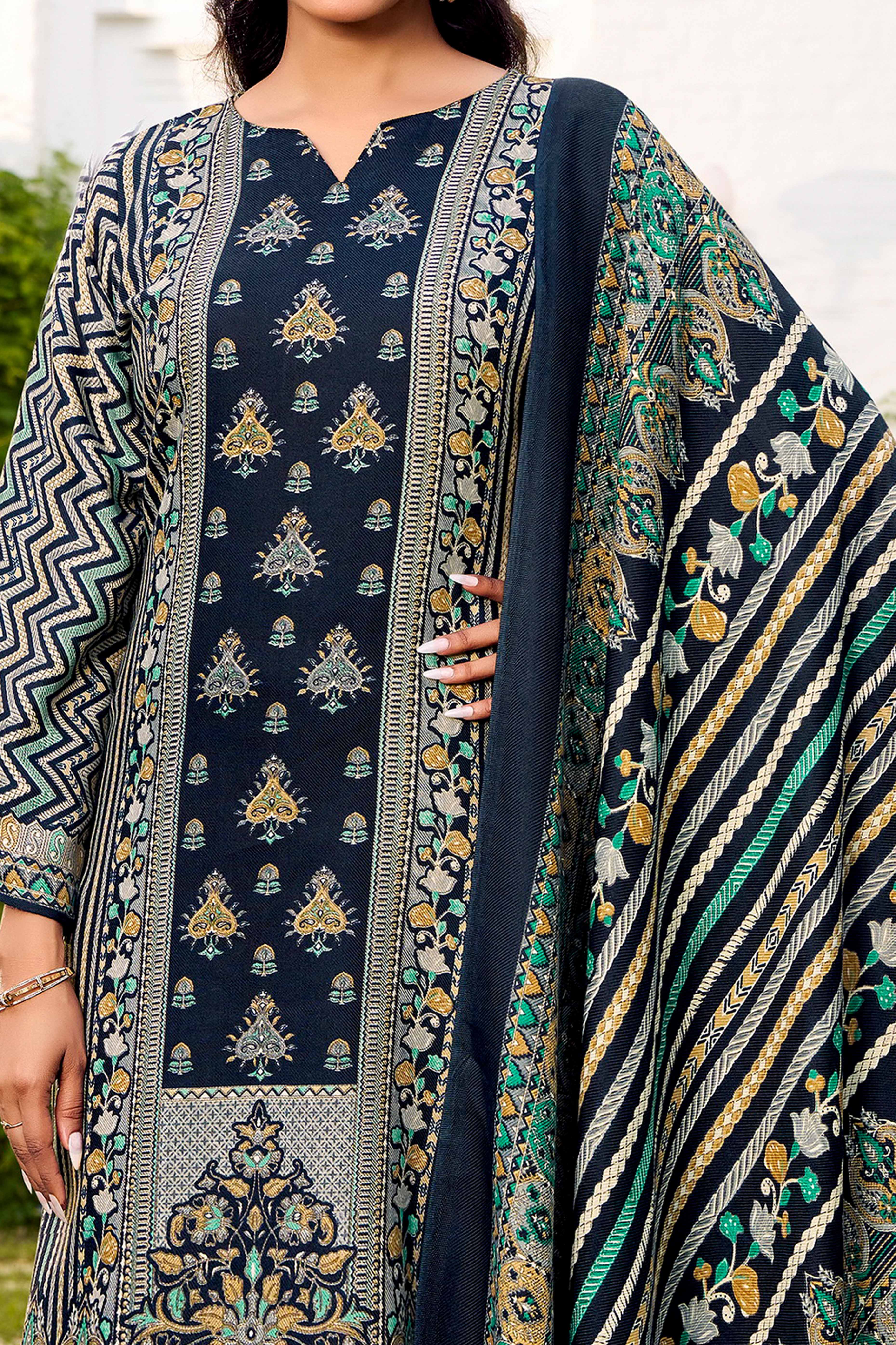 Elegant Navy Blue Floral Printed Pure Pashmina Dress Material for Winter Wear