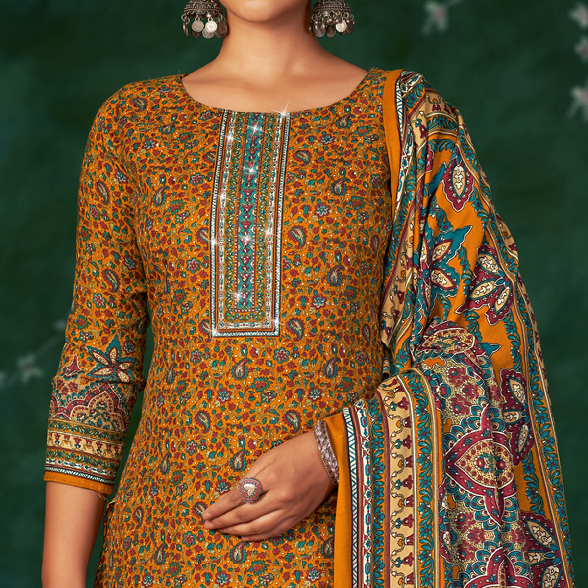 Mustard Floral Printed With Swarovski Work Pashmina Suit