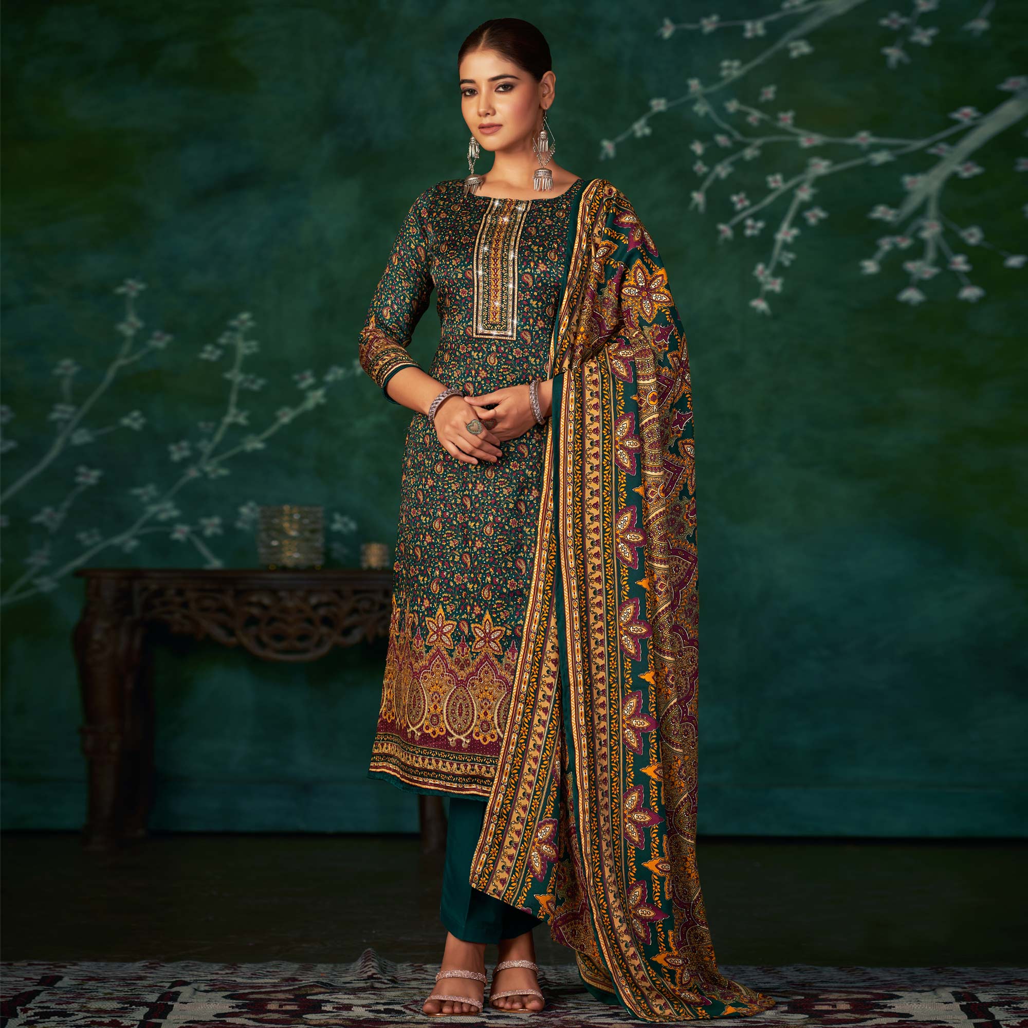 Morpich Floral Printed With Swarovski Work Pashmina Suit