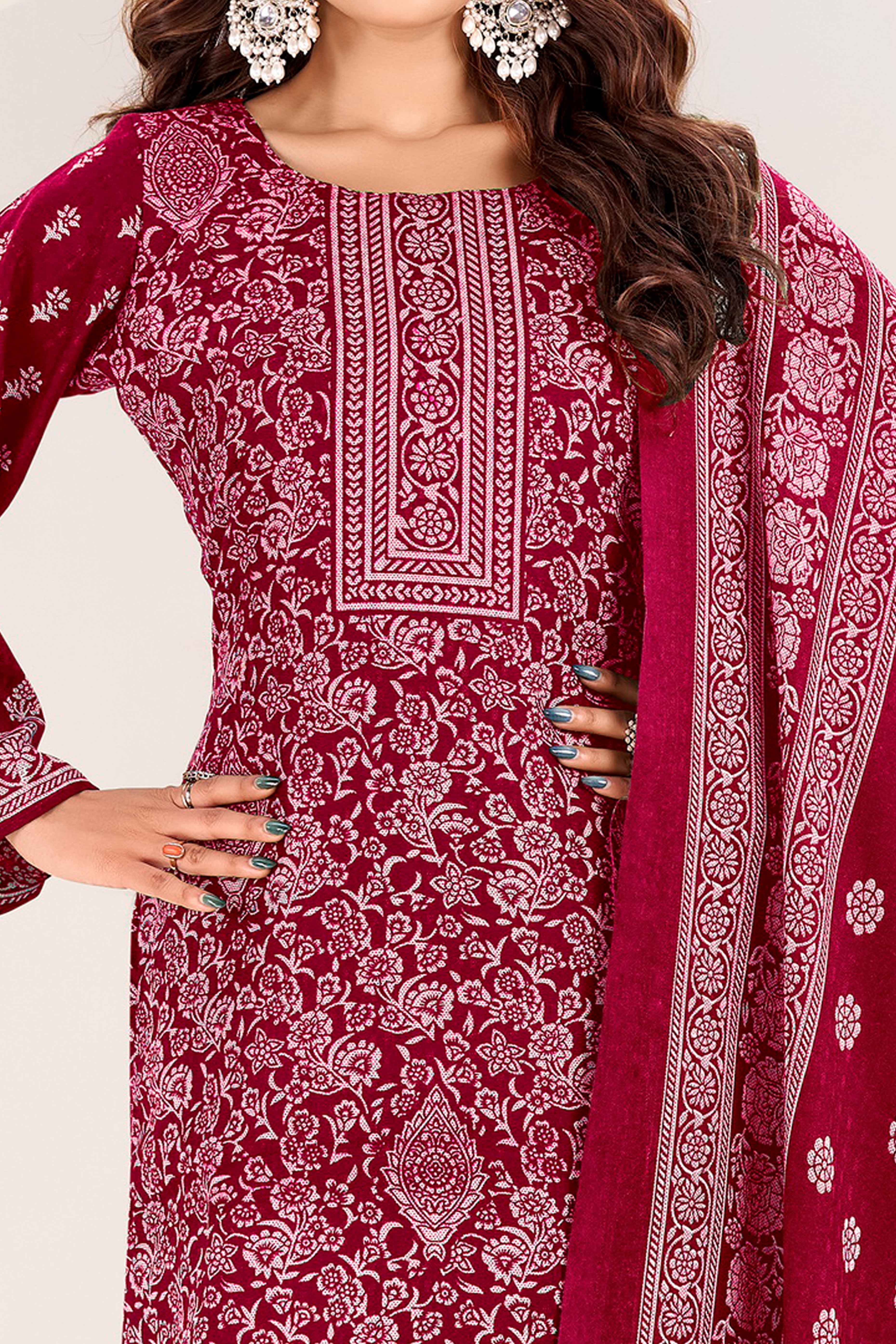 Maroon Floral Printed Pure Pashmina Soft & Warm Dress Material for Winter
