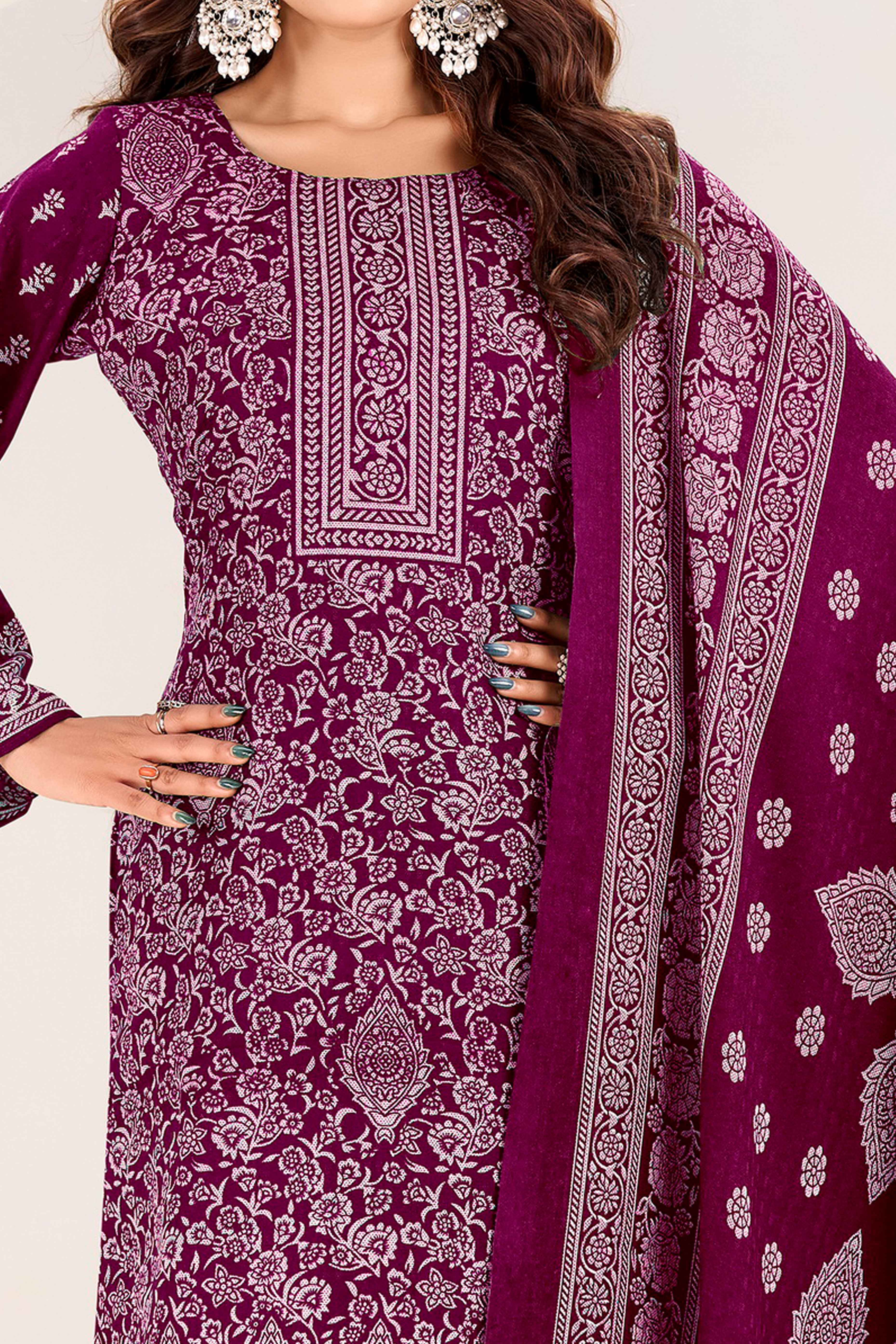 Magenta Floral Printed Pure Pashmina Soft & Warm Dress Material for Winter