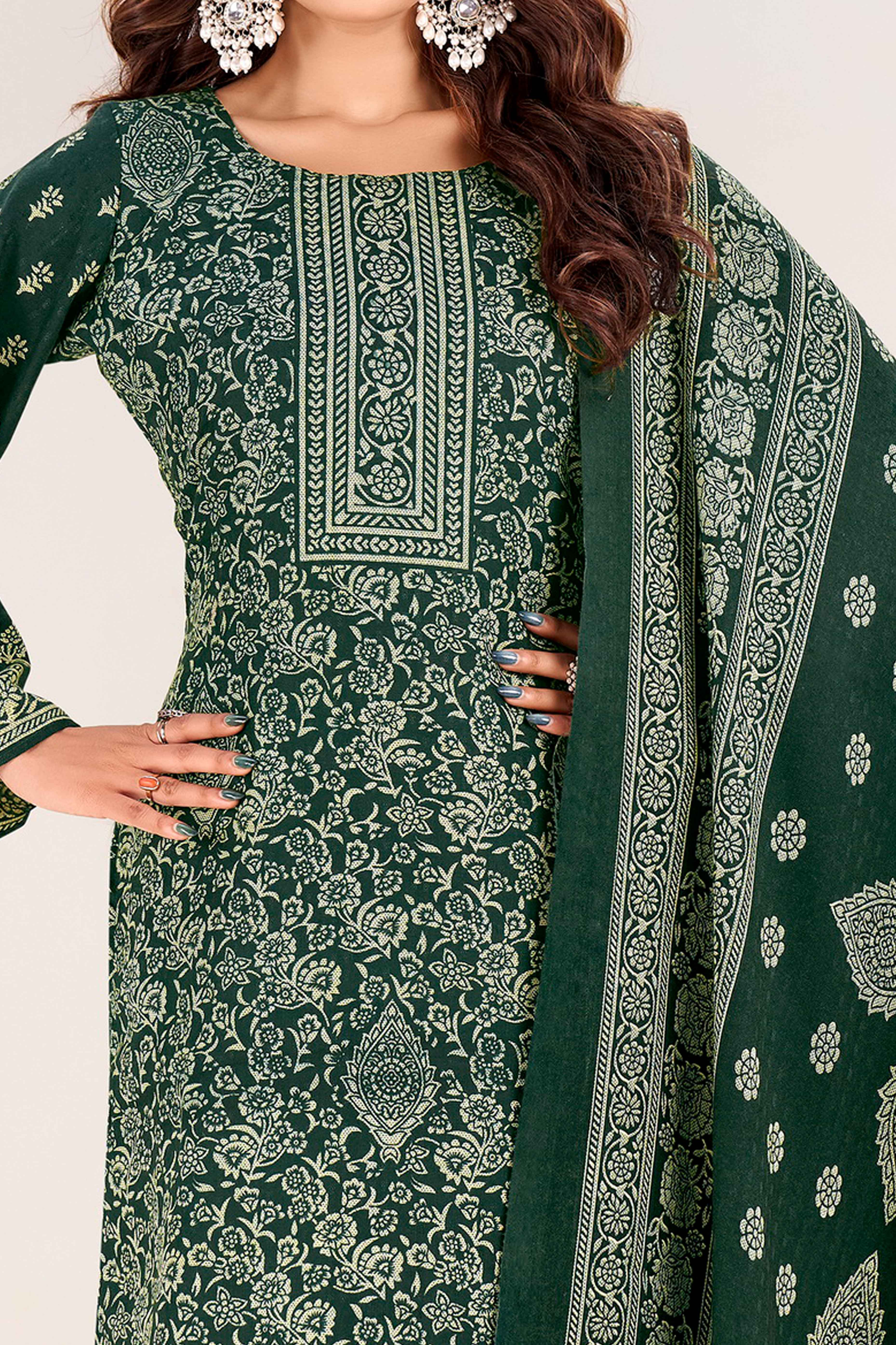 Green Floral Printed Pure Pashmina Soft & Warm Dress Material for Winter