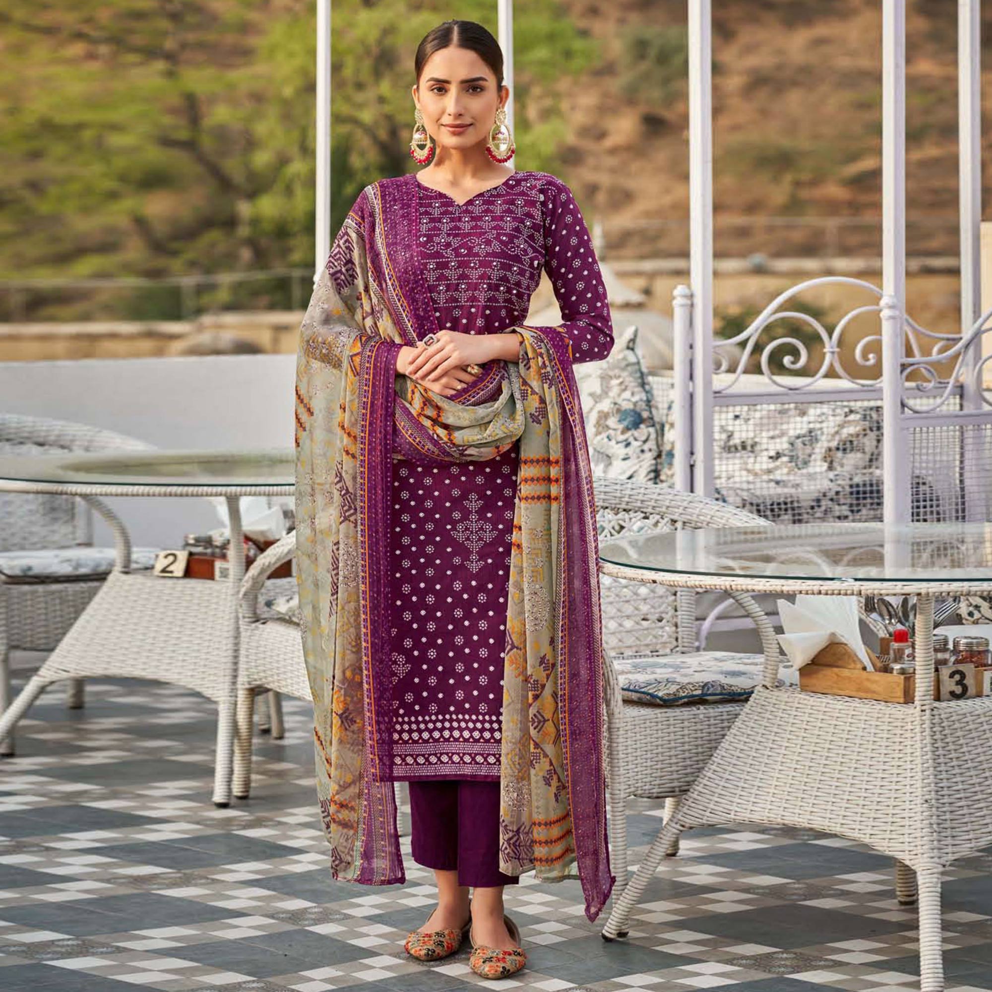 Wine Printed Pure Cotton Suit