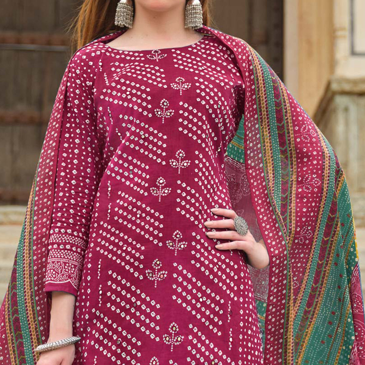 Dark Pink Bandhani Printed Pure Cotton Dress Material