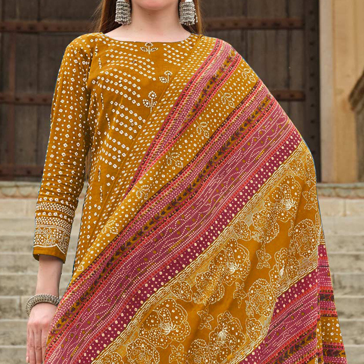 Mustard Bandhani Printed Pure Cotton Dress Material