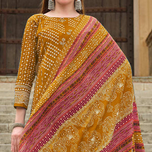 Mustard Bandhani Printed Pure Cotton Dress Material