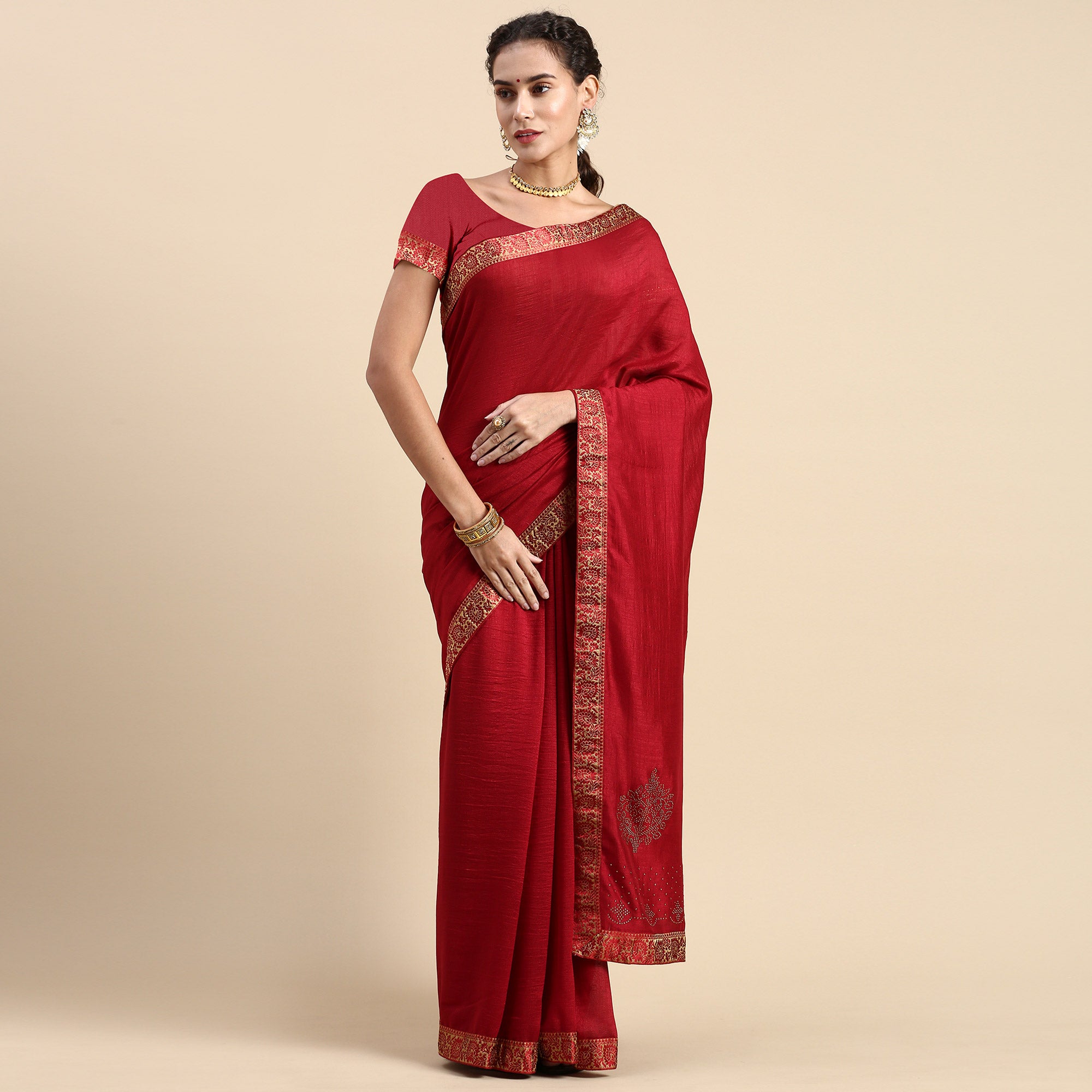 Maroon Swaroski Work Vichitra Silk Saree