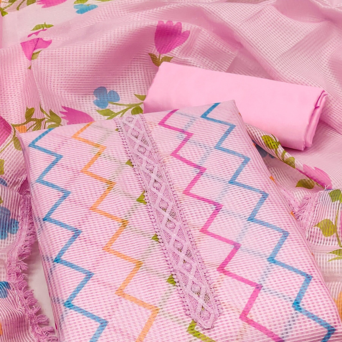 Pink Printed Kota Doria Dress Material