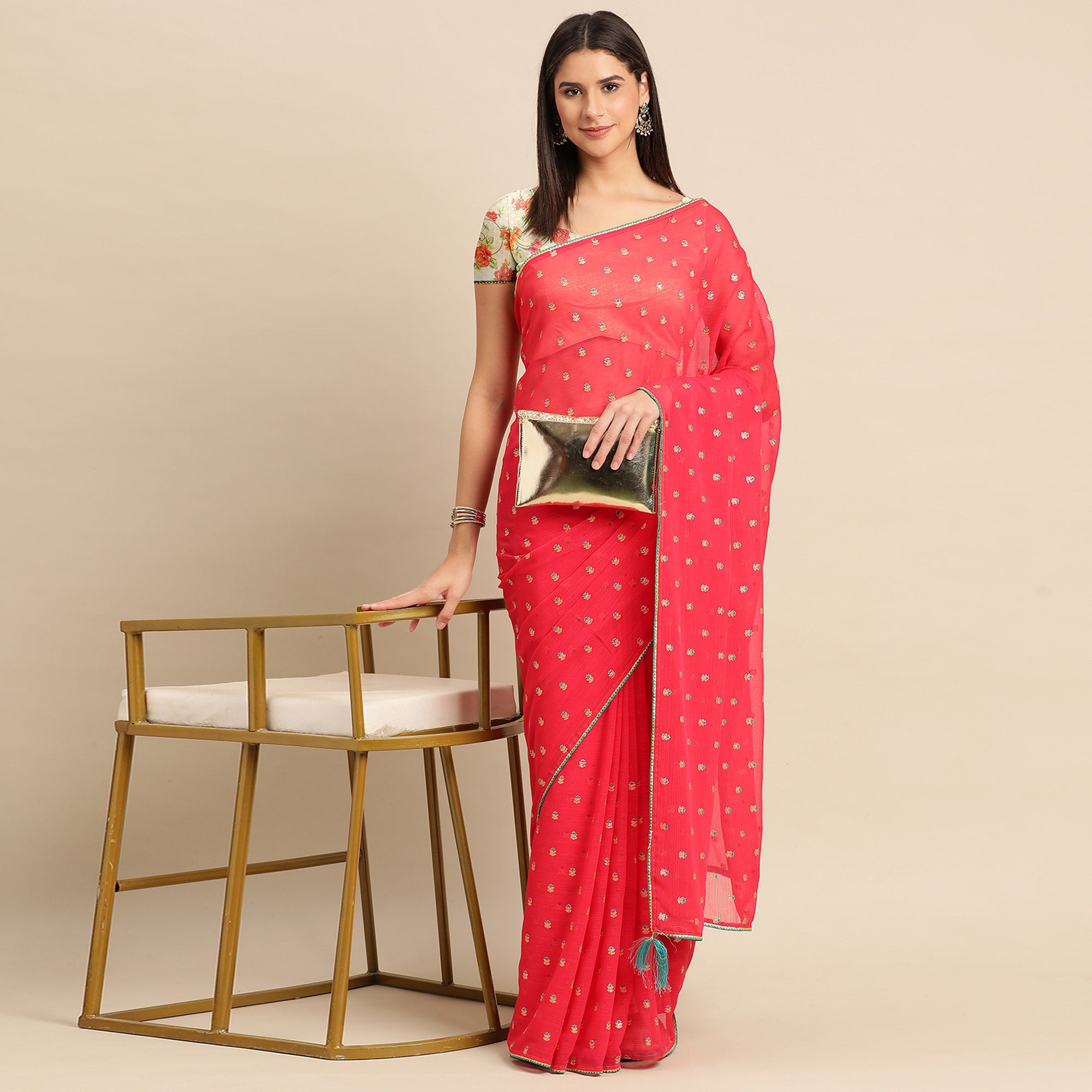 Pink Embroidered Chiffon Saree