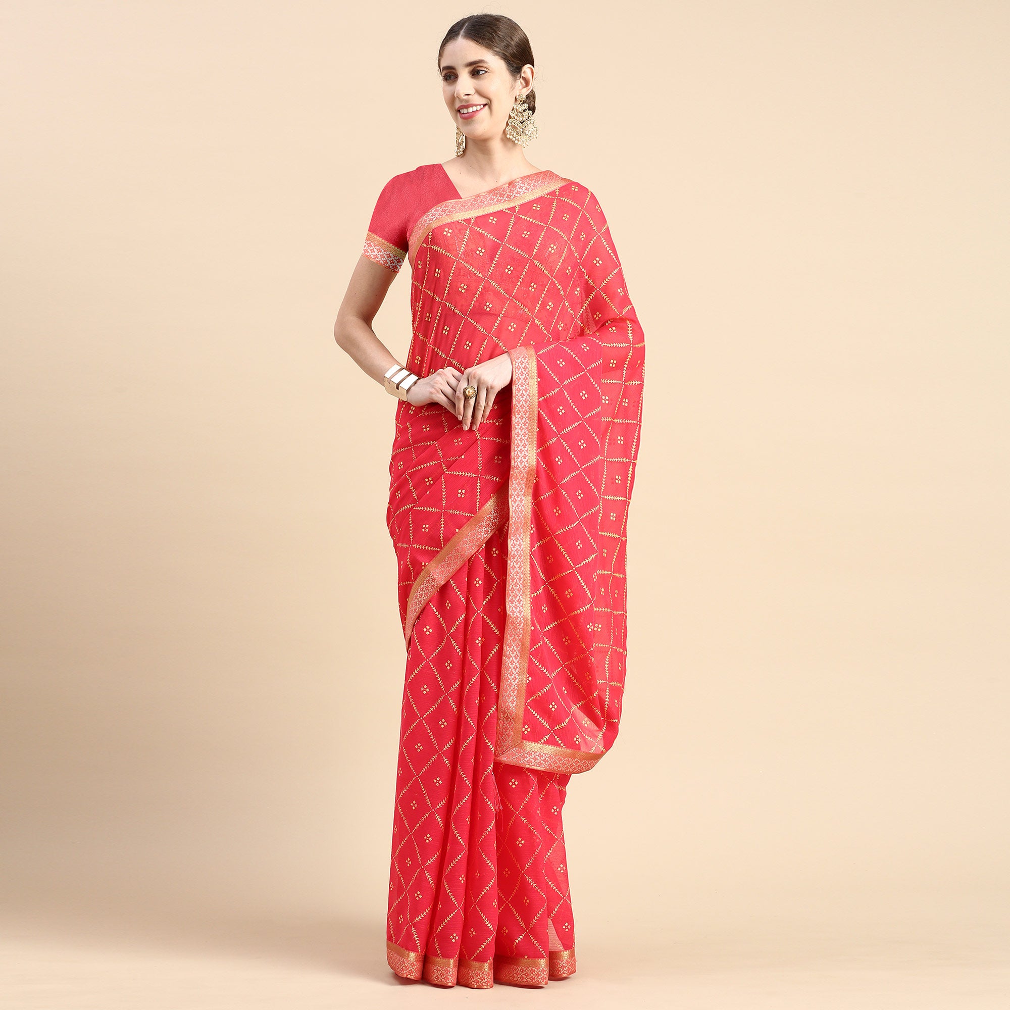 Pink Floral Foil Printed Zomato Saree