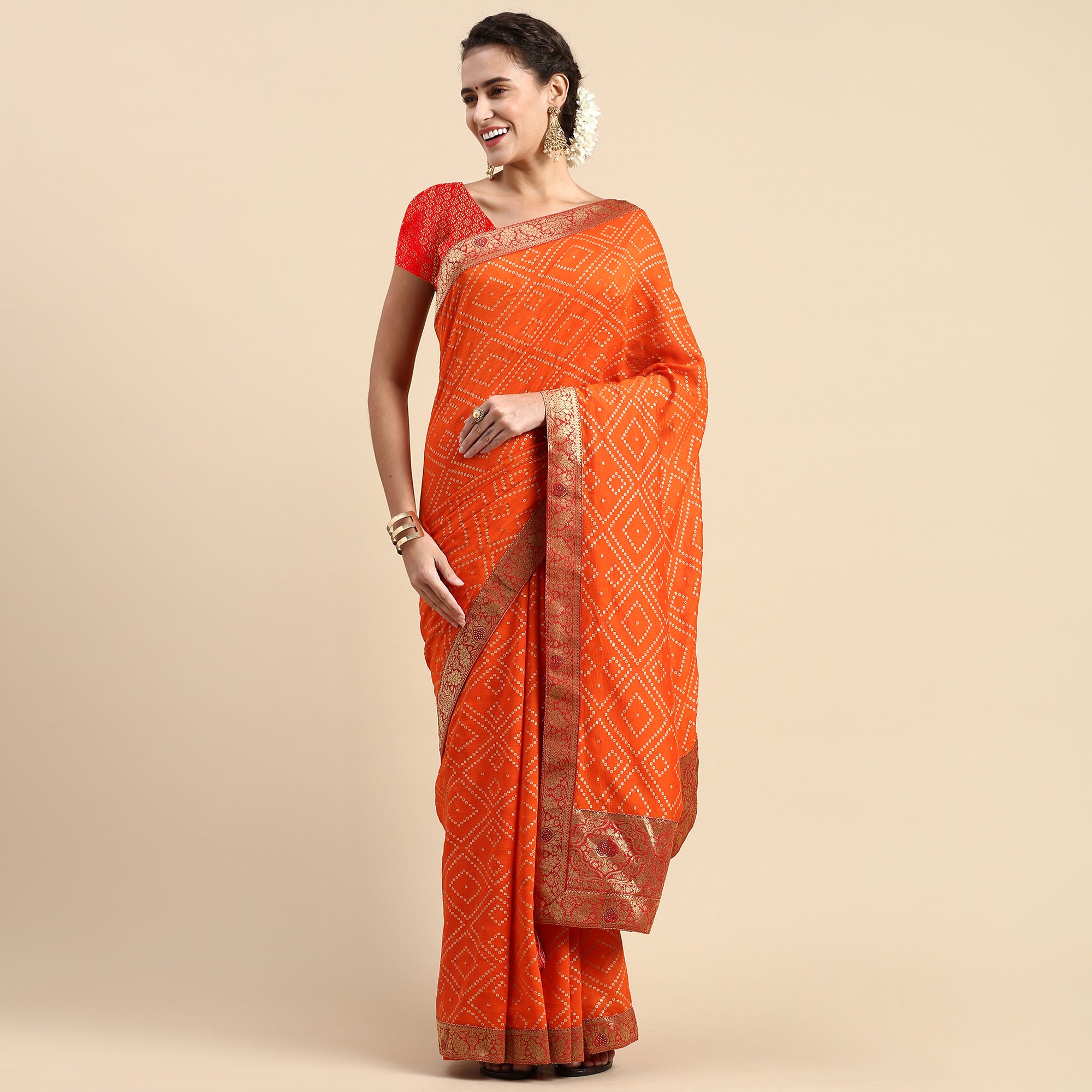 Orange Foil Printed With Swarovski Vichitra Silk Saree