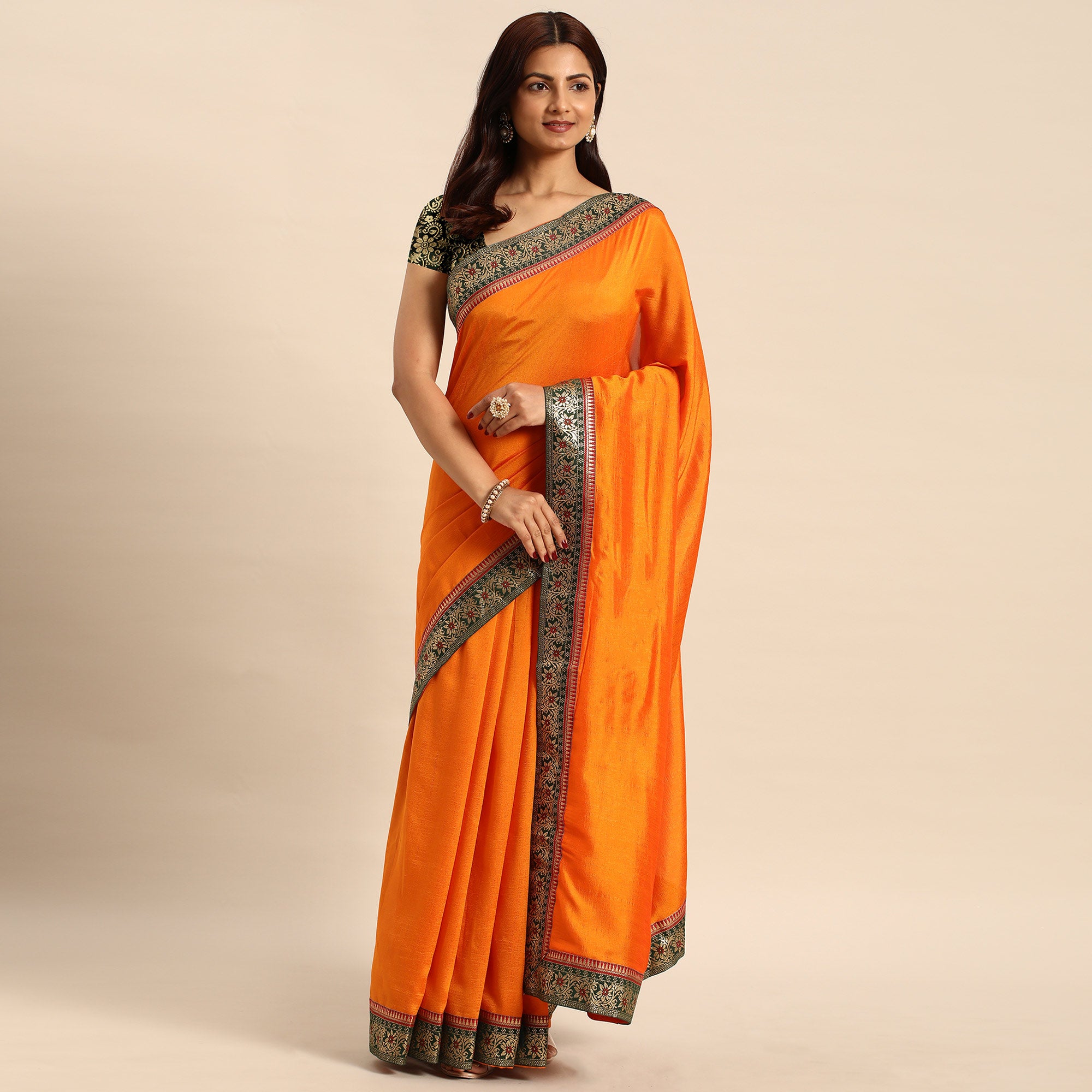 Orange Solid Vichitra Silk Saree With Fancy Border