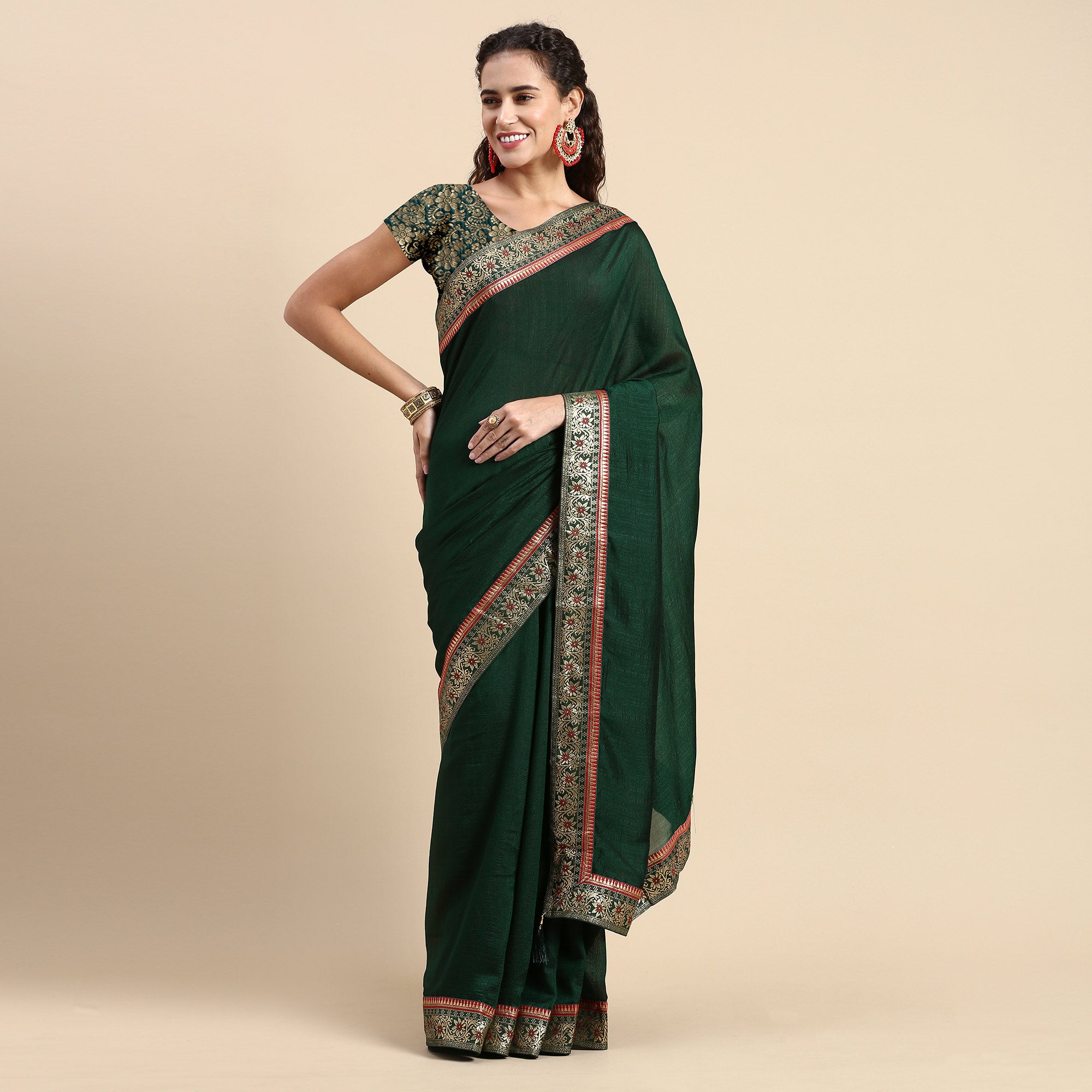 Green Solid Vichitra Silk Saree With Fancy Border