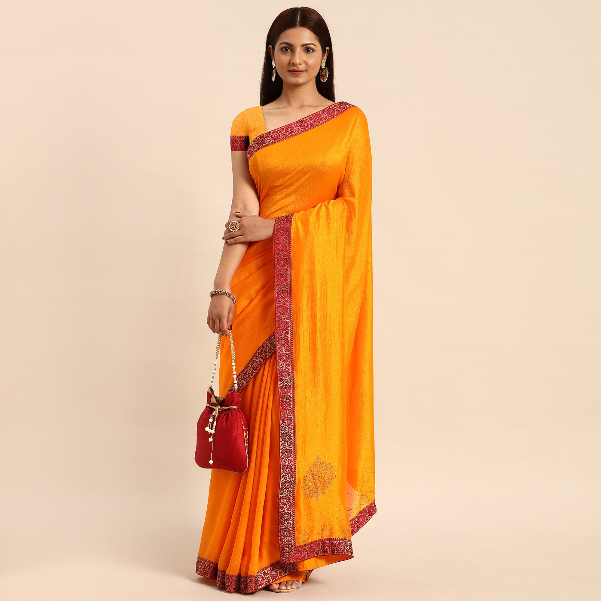 Yellow Swaroski Work Vichitra Silk Saree