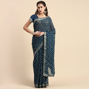 Blue Floral Foil Printed Zomato Saree
