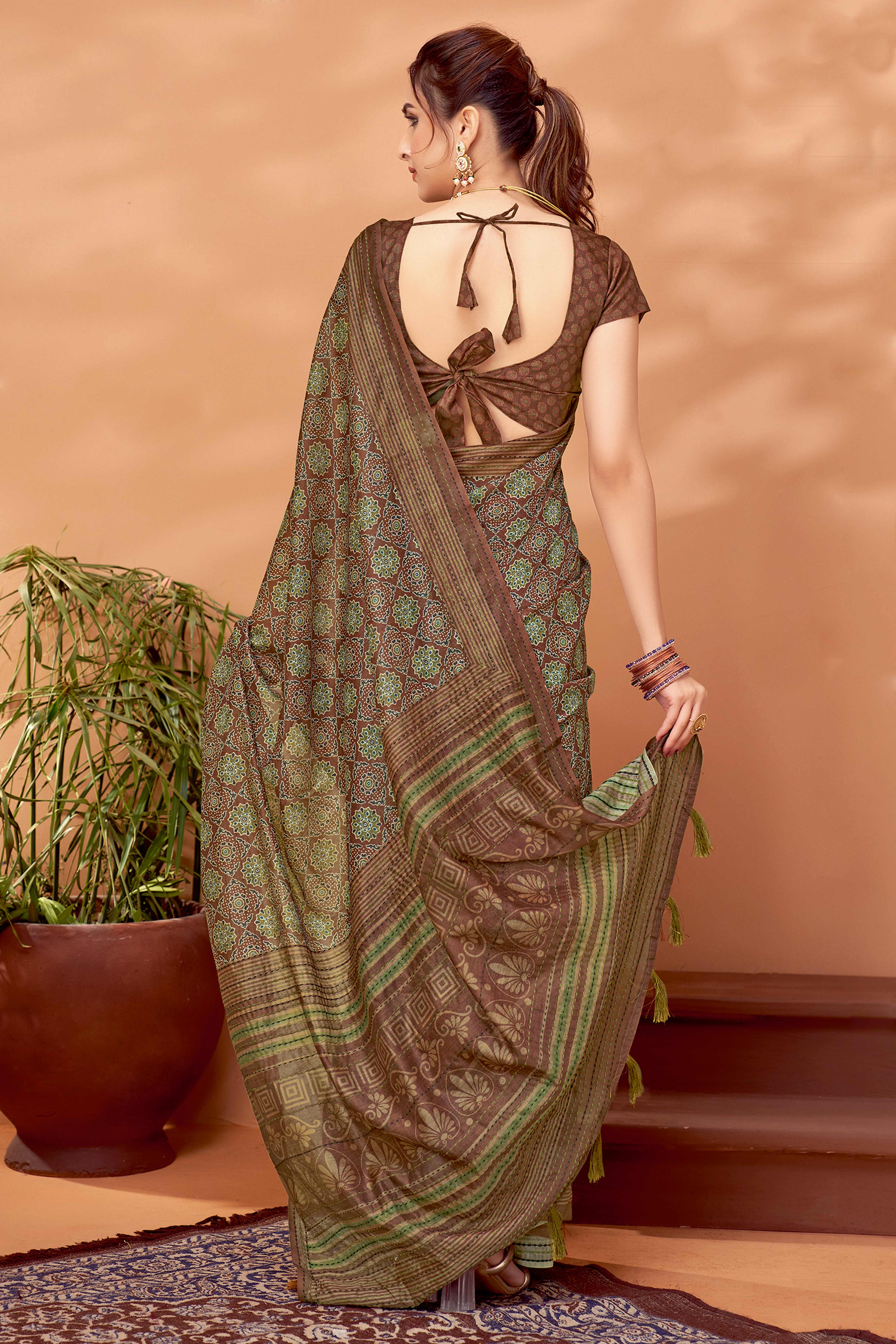 Brown Handfeel Cotton Silk Saree Adorned with Traditional Ajrakh Motifs