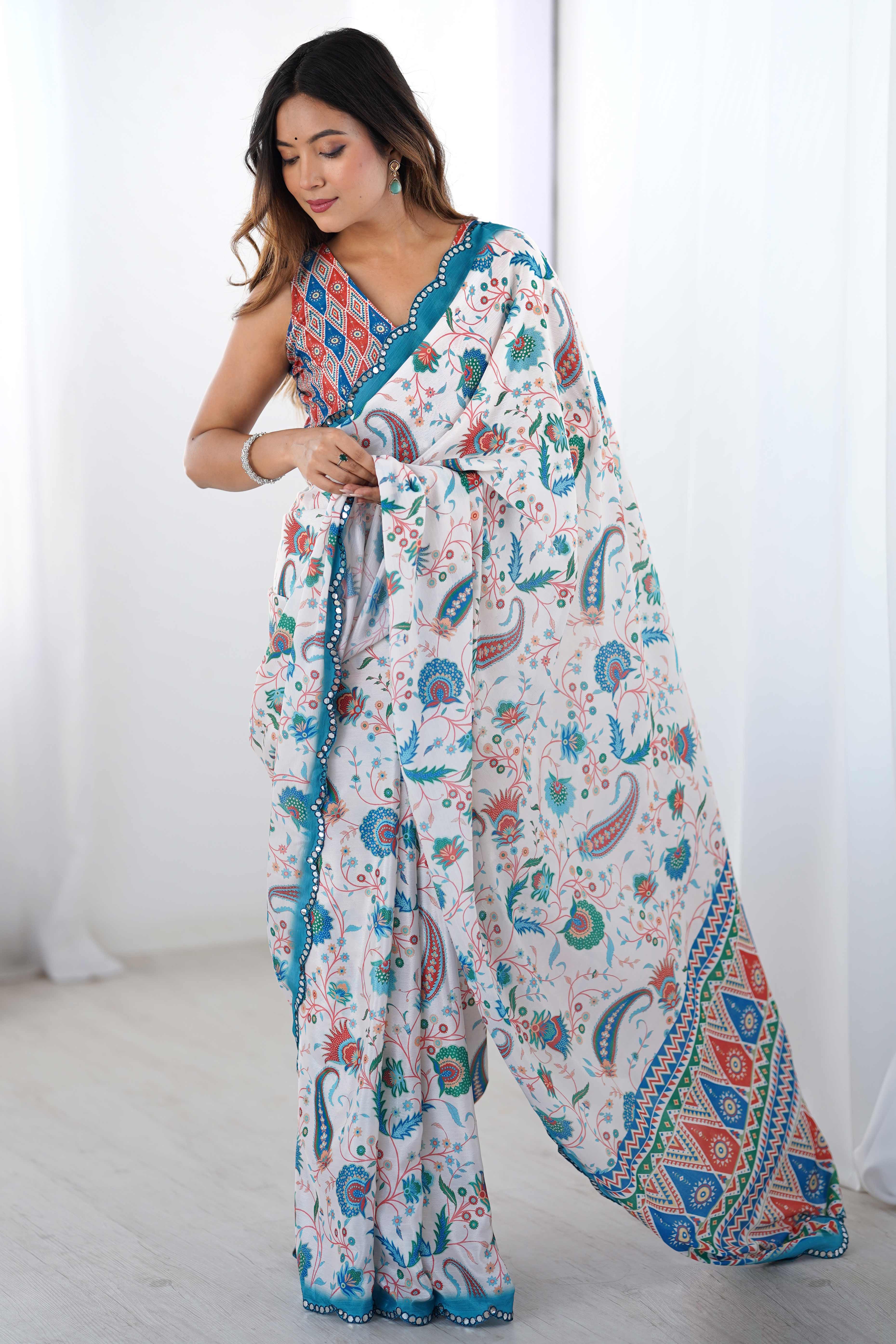 White Floral Printed Chinon Saree with Shimmering Mirror Detailing