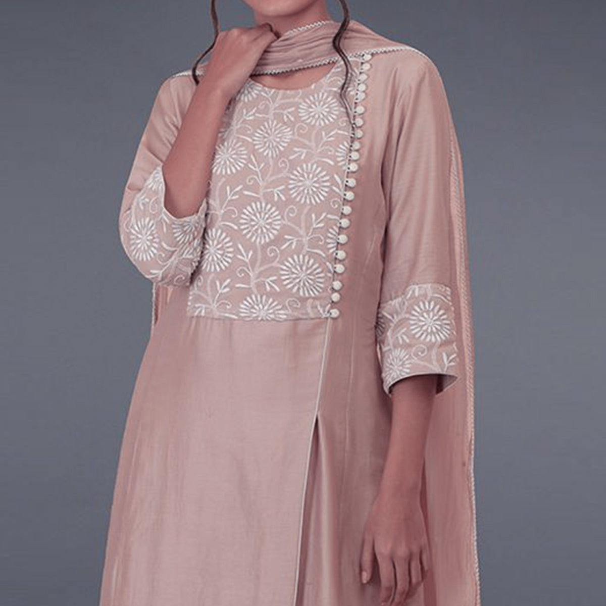 Pink Floral Embroidered Viscose Suit