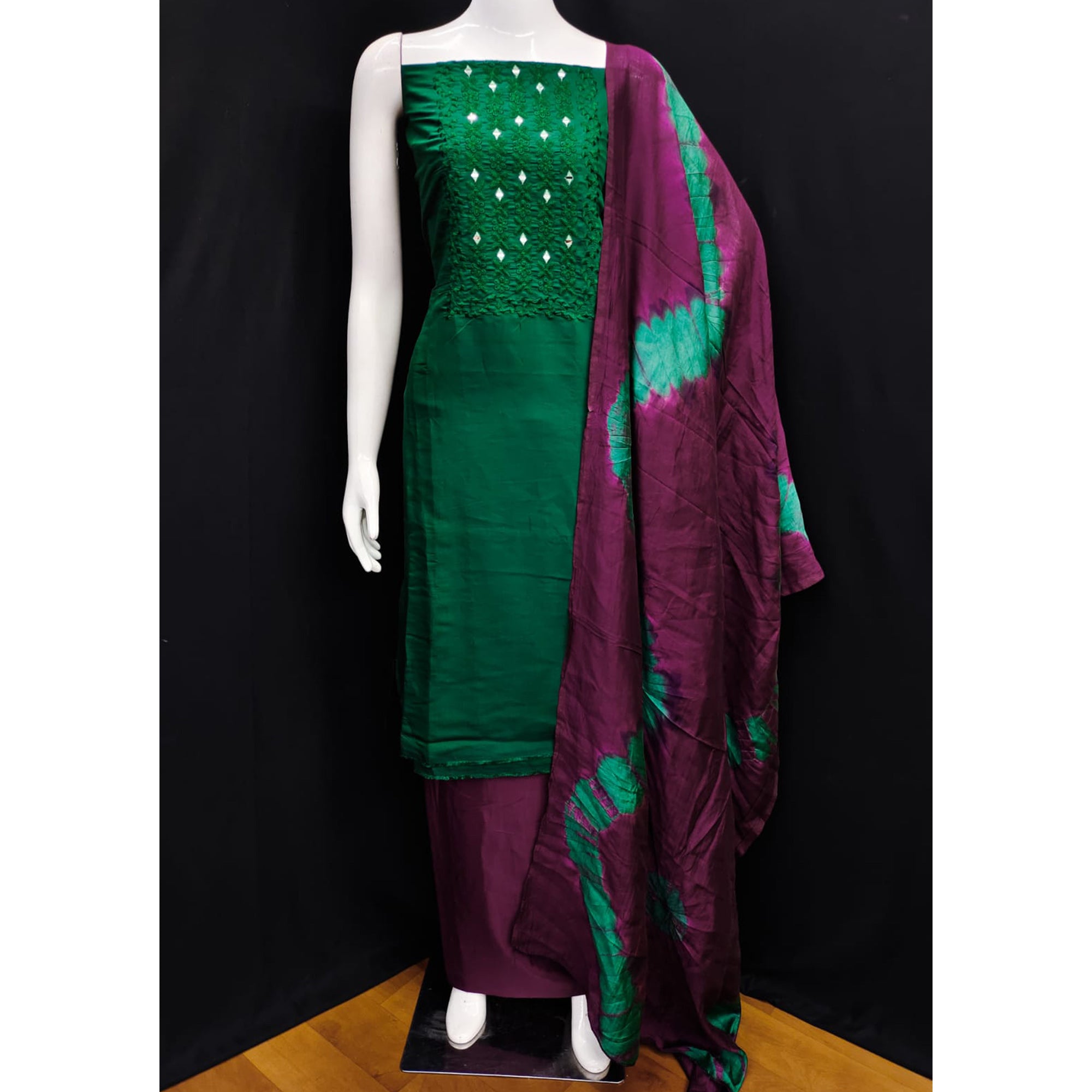 Green Floral Embroidered Viscose Dress Material