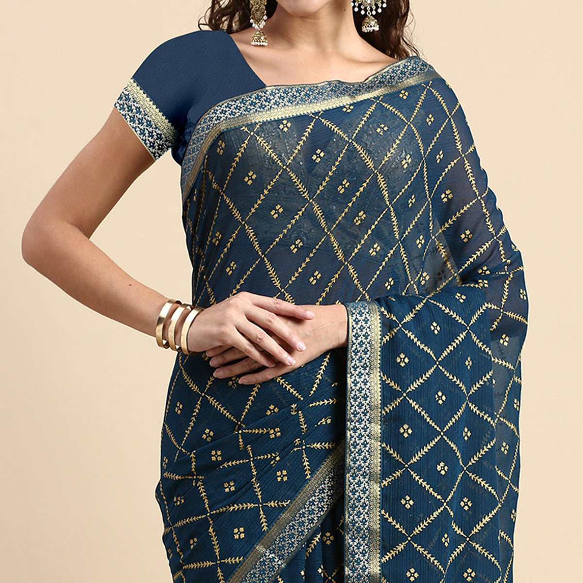 Blue Floral Foil Printed Zomato Saree