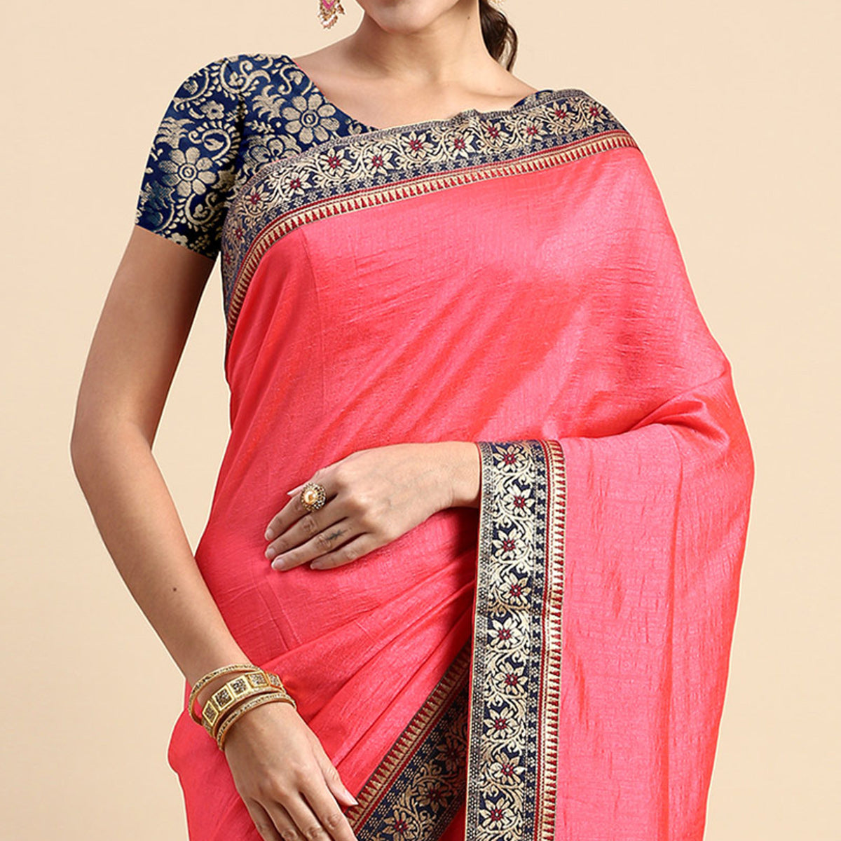 Pink Solid Vichitra Silk Saree With Fancy Border