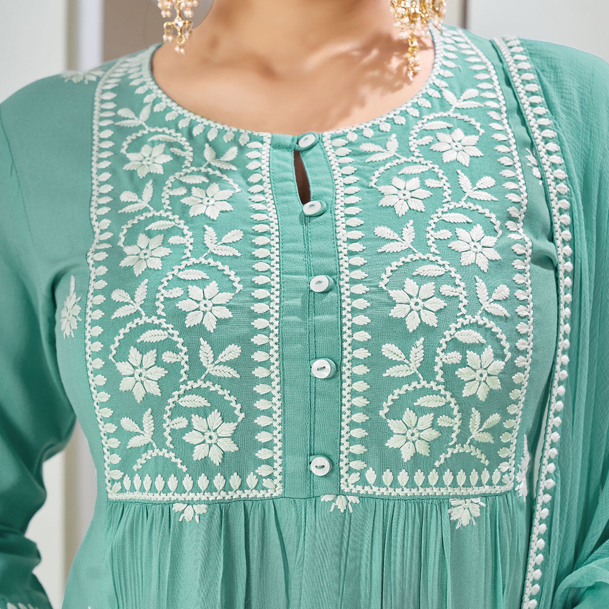 Turquoise Embroidered Rayon Suit