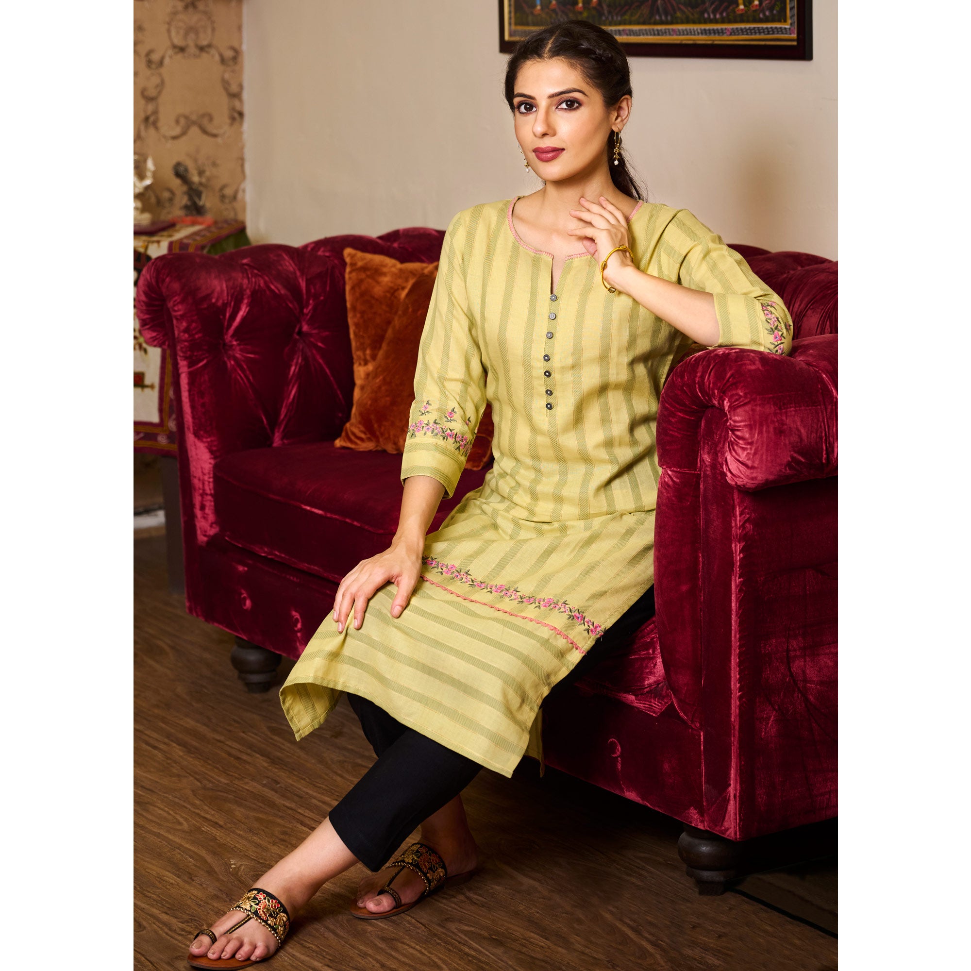 Mustard Floral Embroidered Pure Cotton Kurti