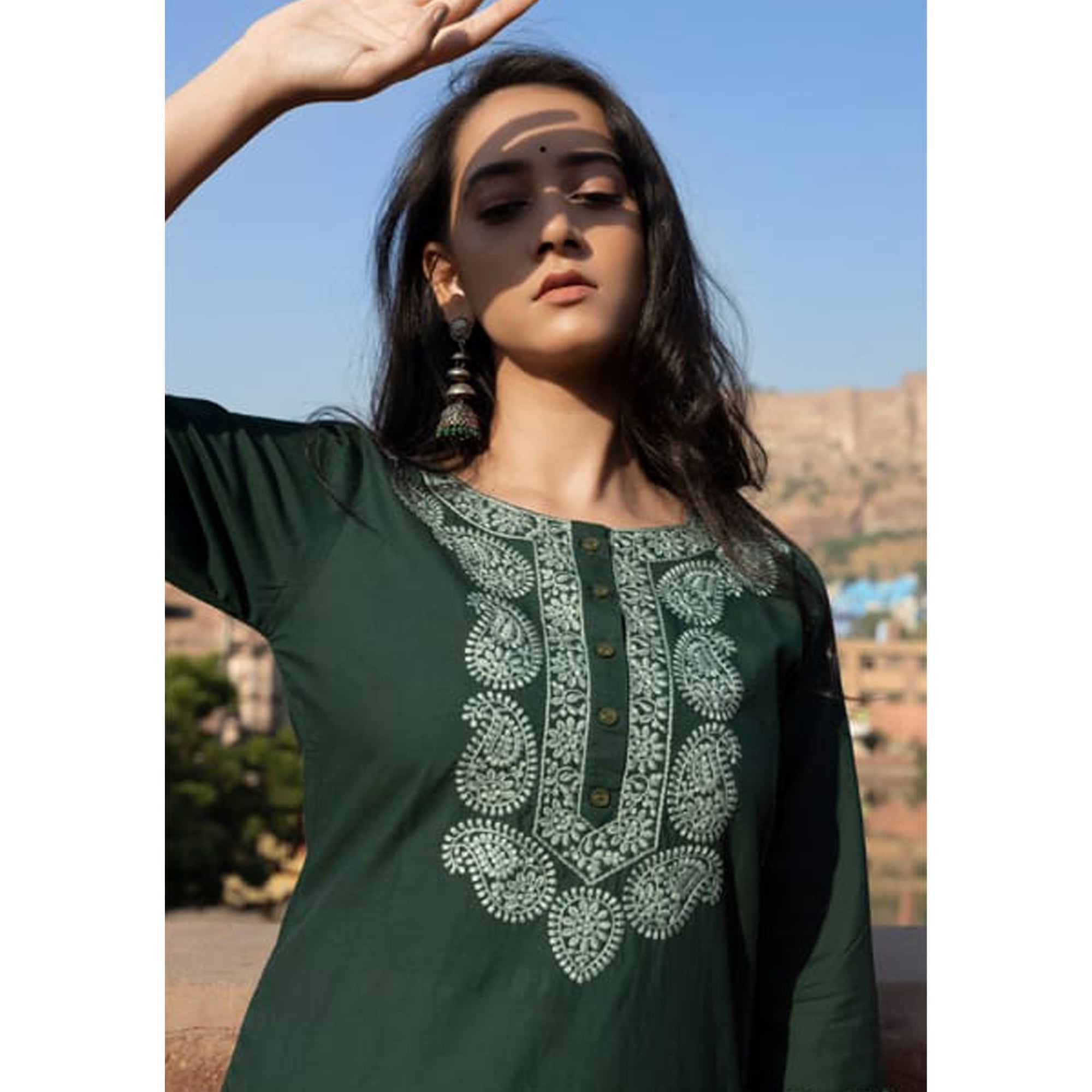 Green Embroidered Cotton Silk Kurti