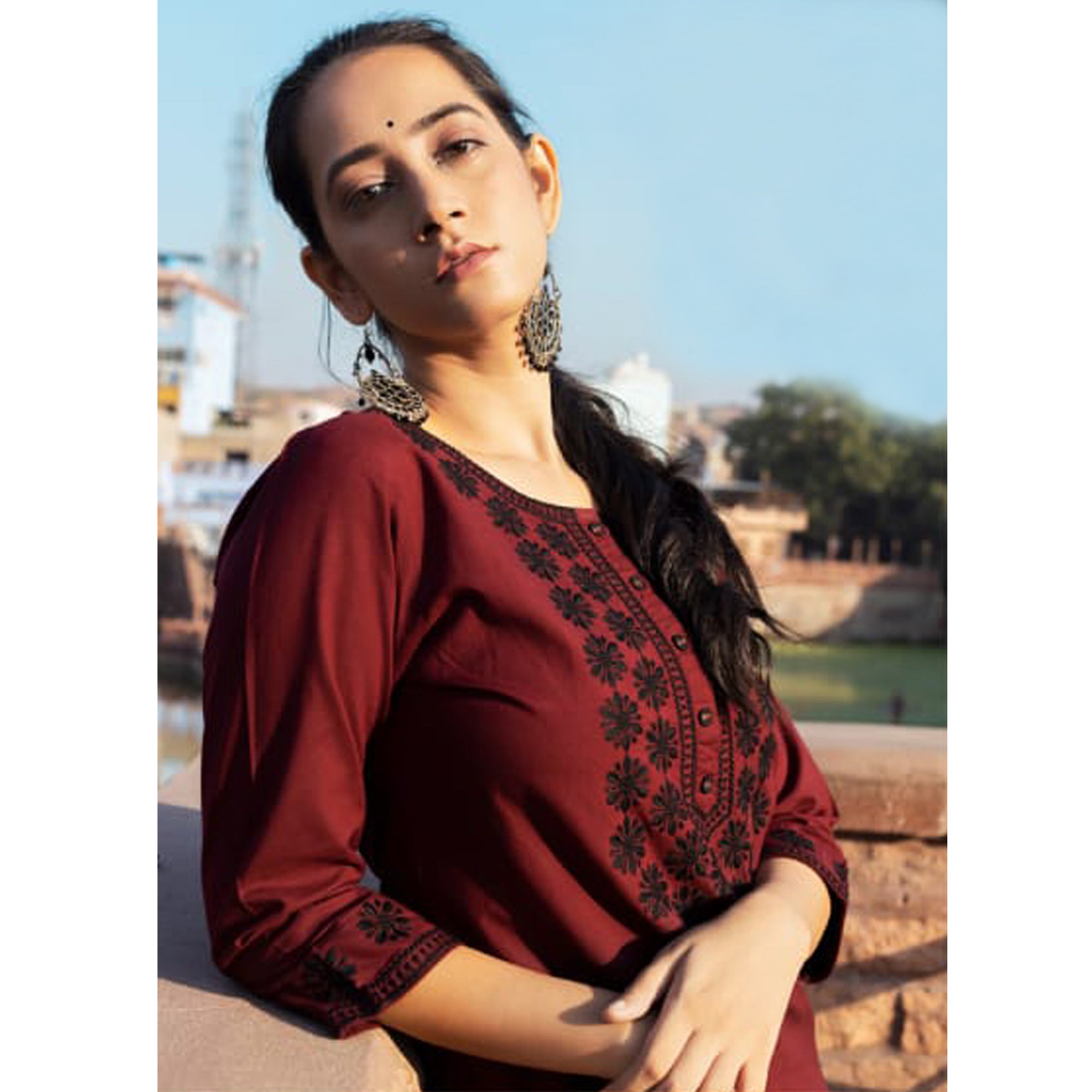 Maroon Embroidered Cotton Silk Kurti