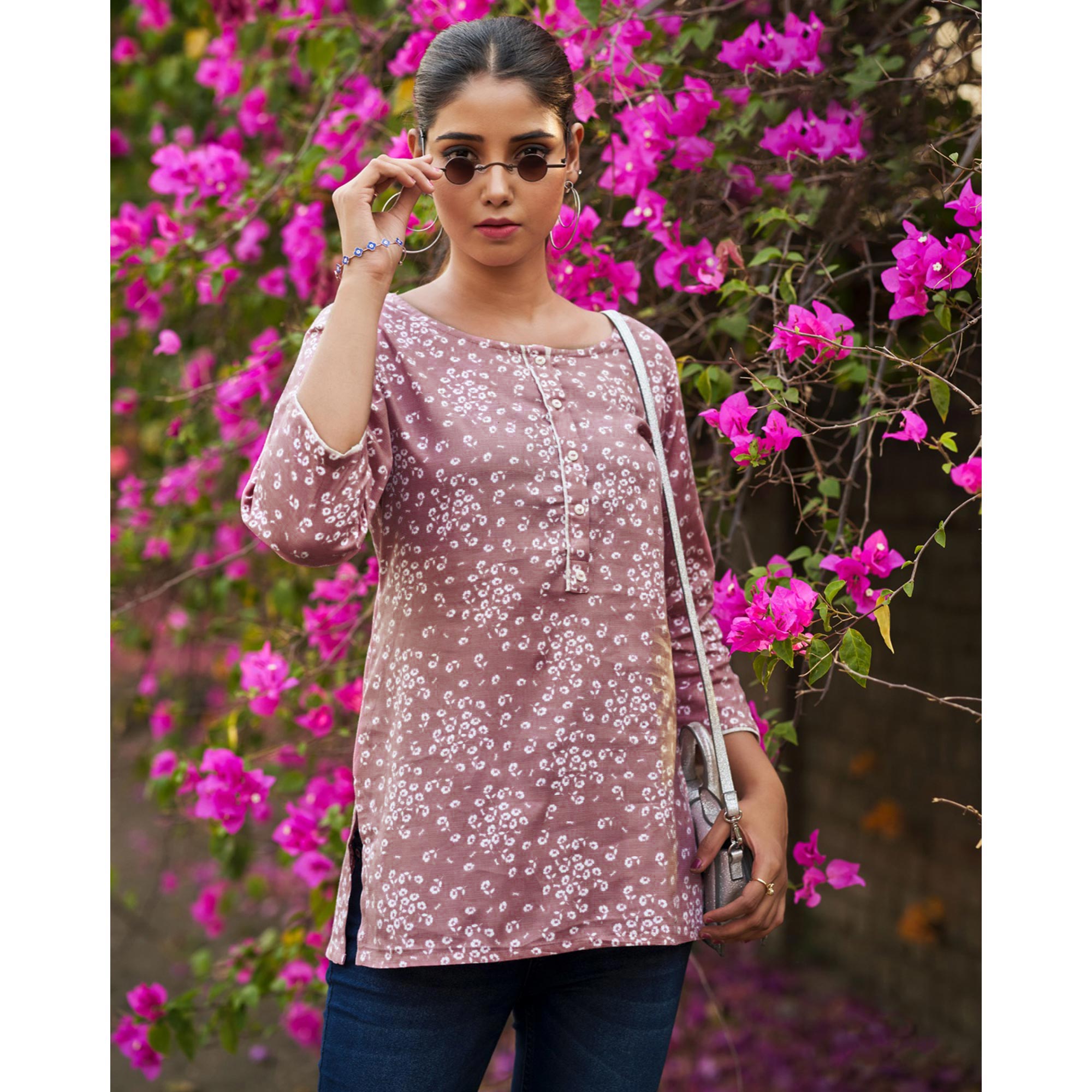 Pink Floral Printed Cotton Blend Top