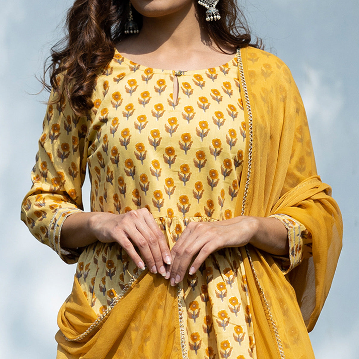 Mustard Printed Pure Cotton Sharara Suit