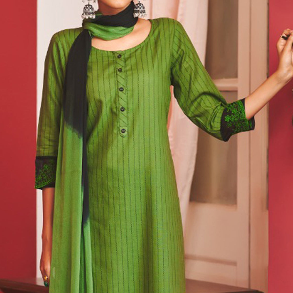 Green Striped Printed Pure Cotton Salwar Suit