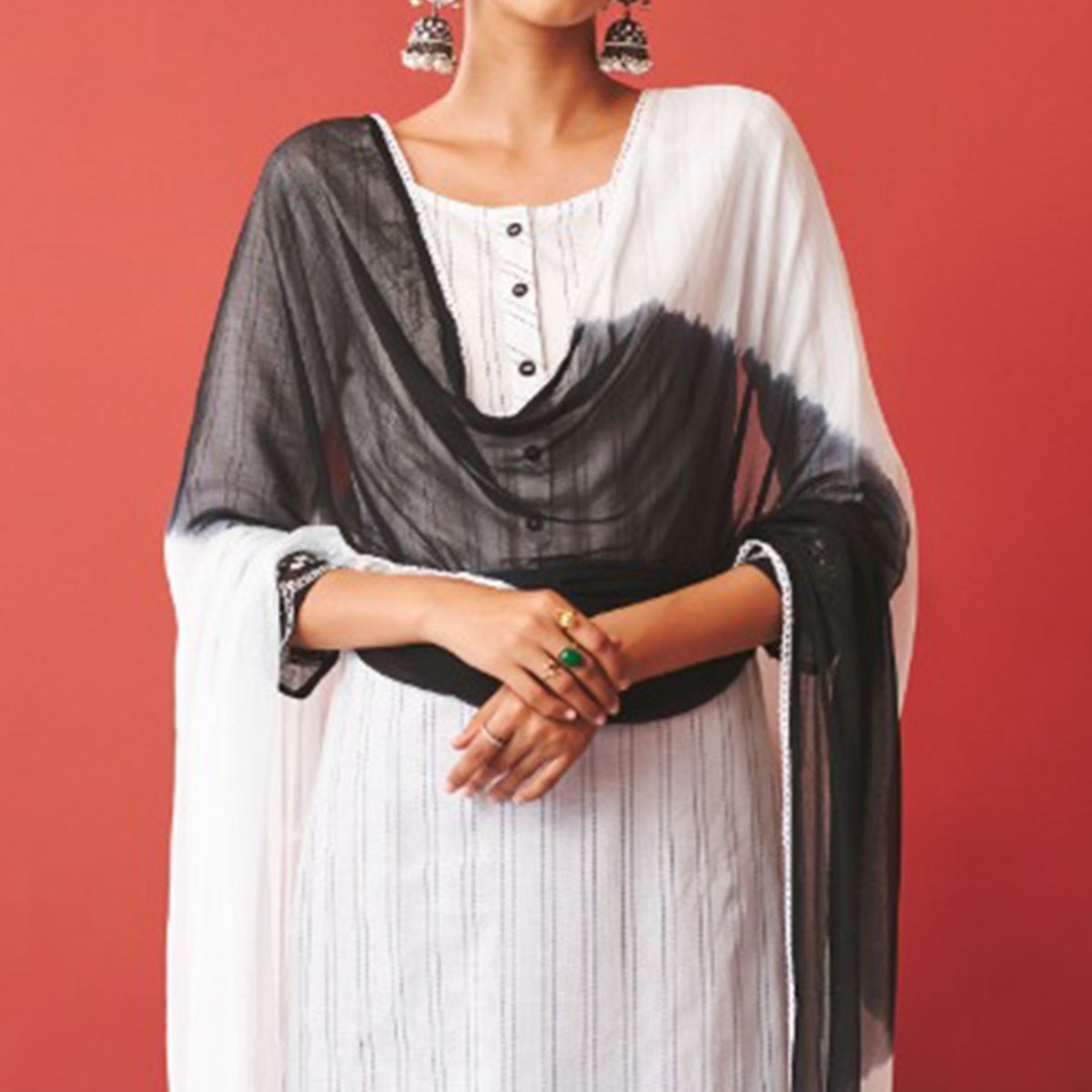 White Striped Printed Pure Cotton Salwar Suit