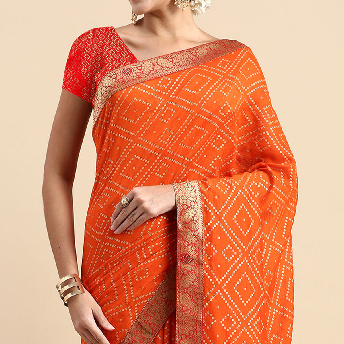 Orange Foil Printed With Swarovski Vichitra Silk Saree