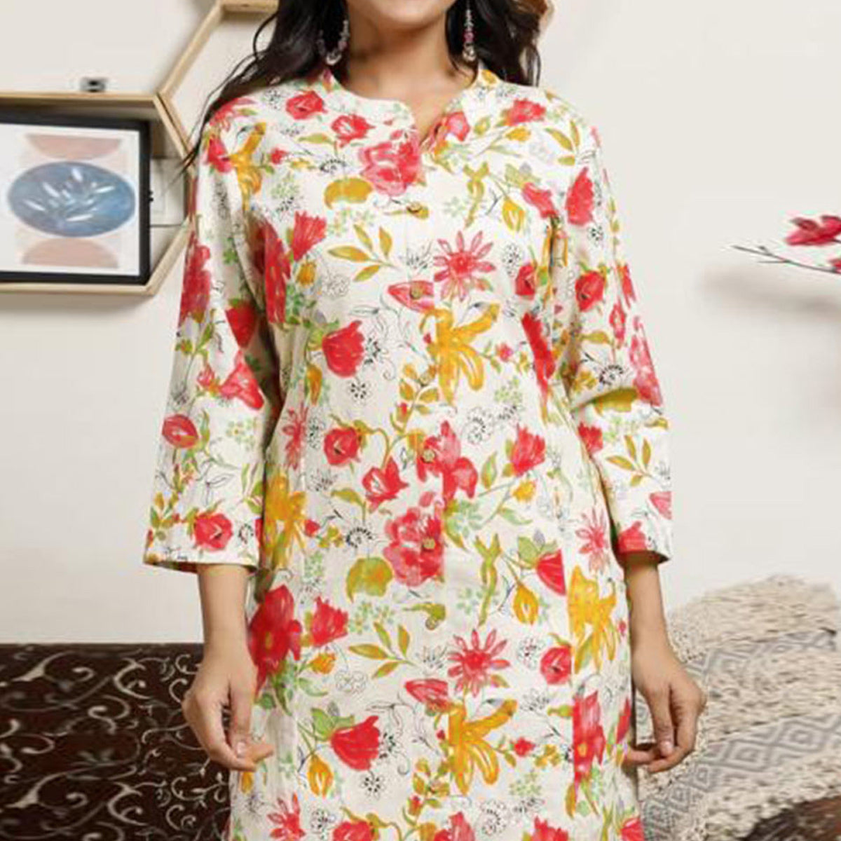 White Pink Floral Printed Cotton Kurti