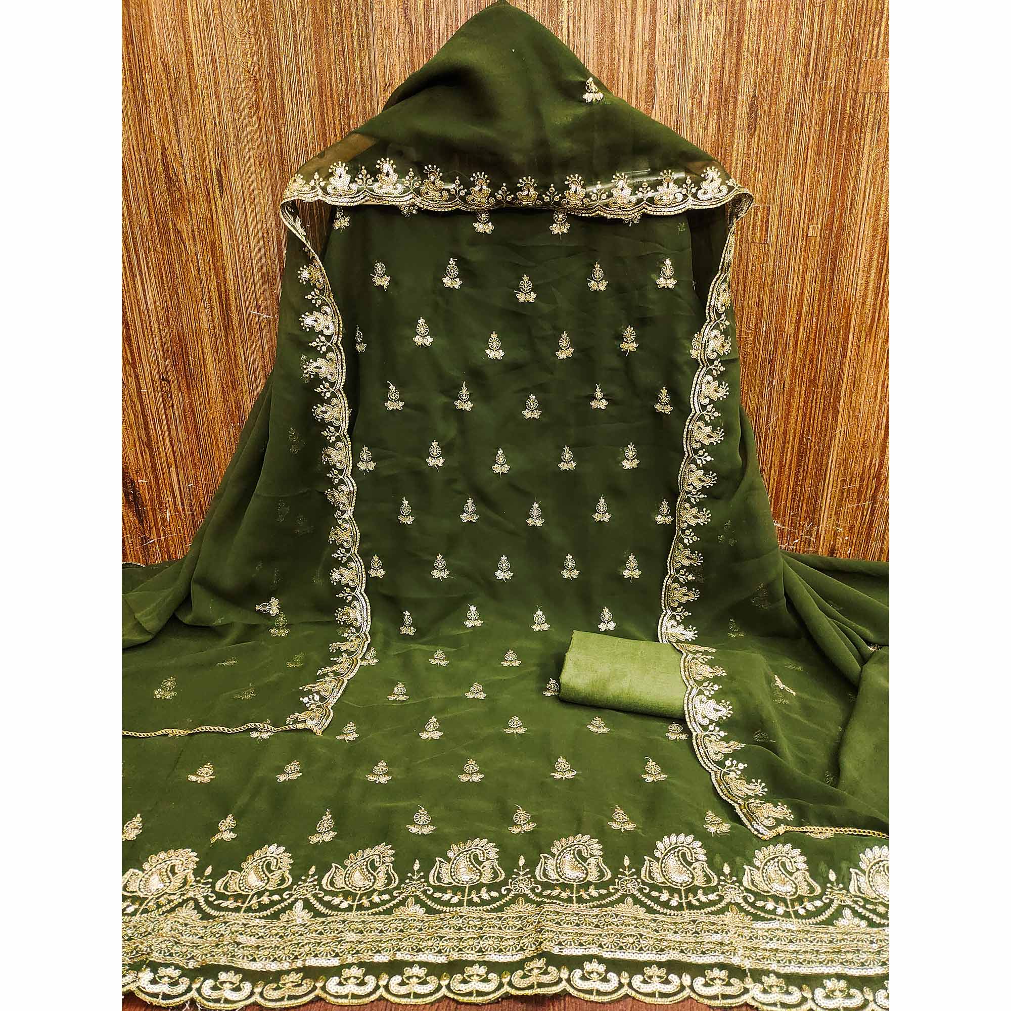 Green Georgette Dress Material with Sparkling Sequin Embroidery