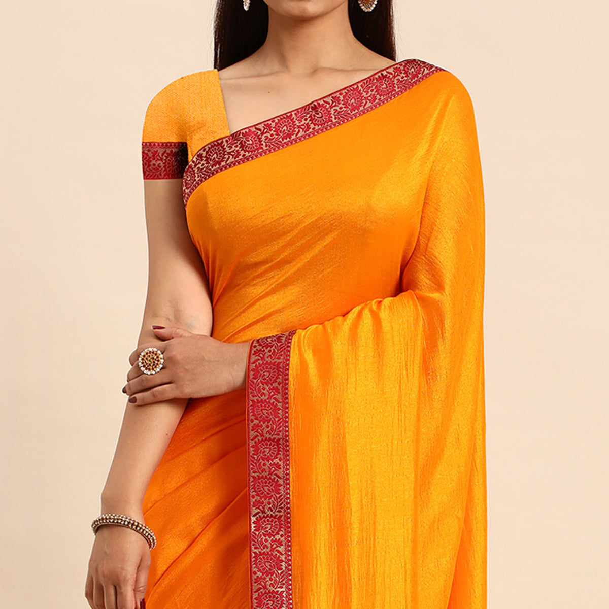 Yellow Swaroski Work Vichitra Silk Saree