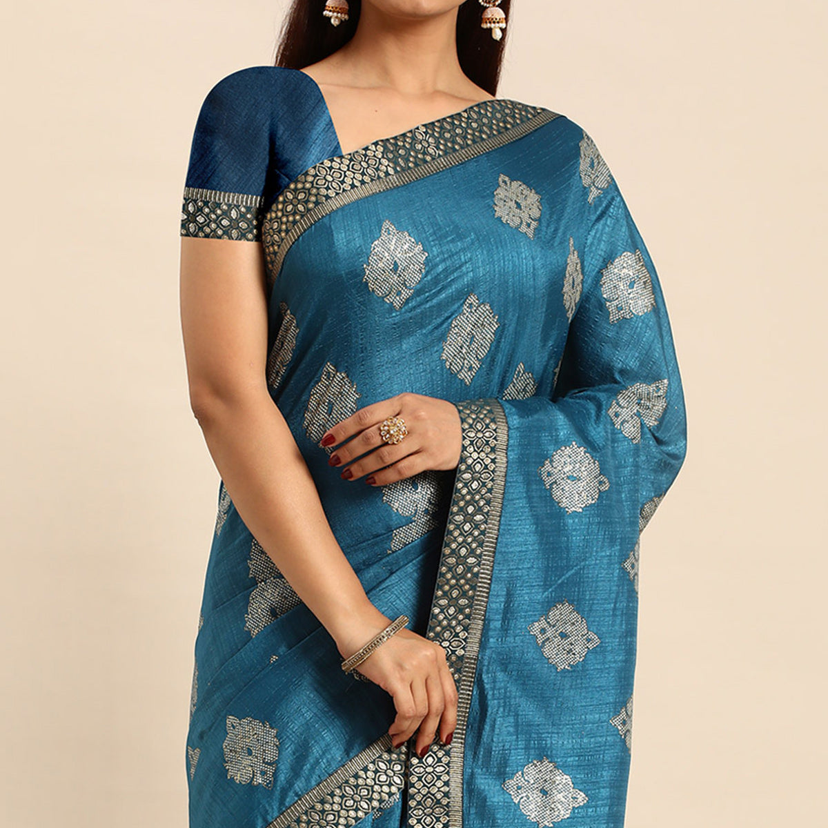 Blue Floral Foil Printed Vichitra Silk Saree