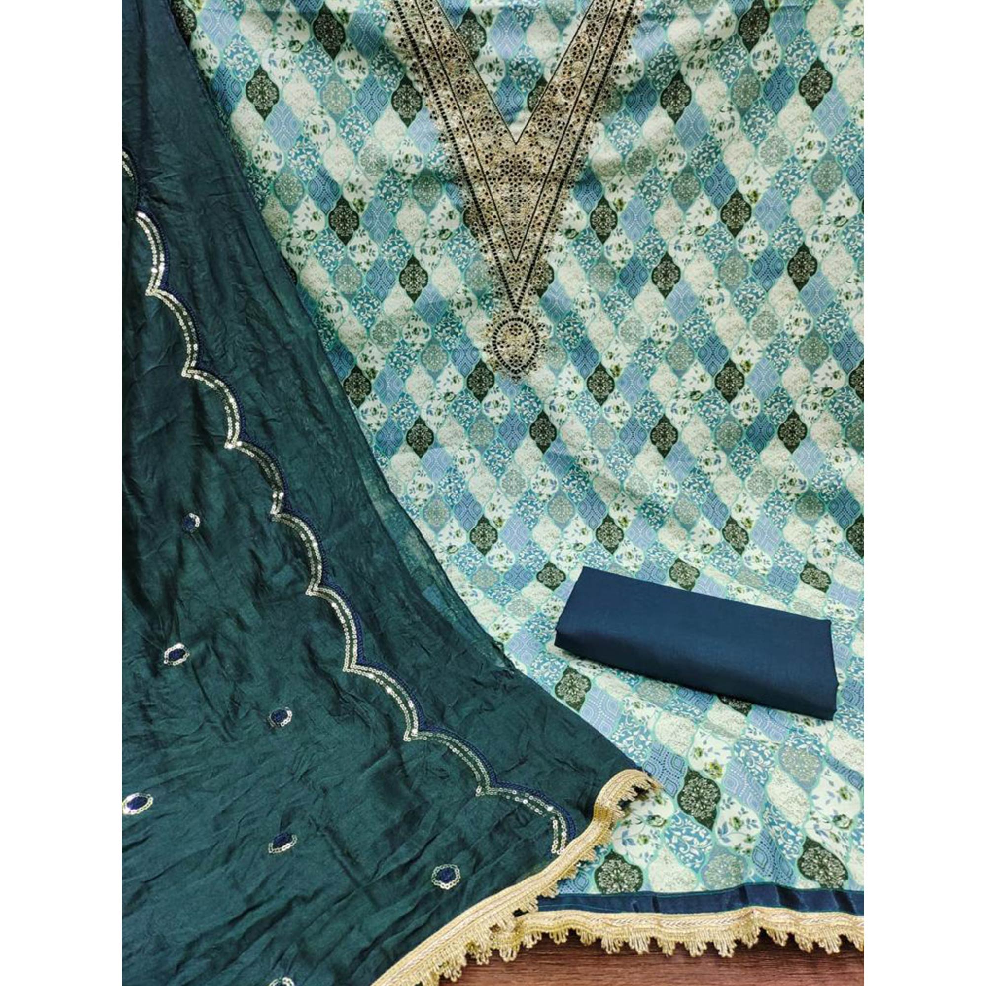 Rama Blue Digital Printed With Embroidered Cotton Blend Dress Material